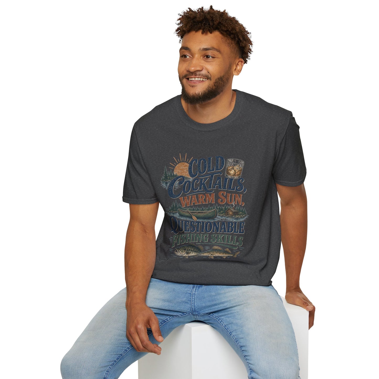 Cold Cocktails, Warm Sun Shirt, Dark Heather charcoal, worn by a model seated on a white block