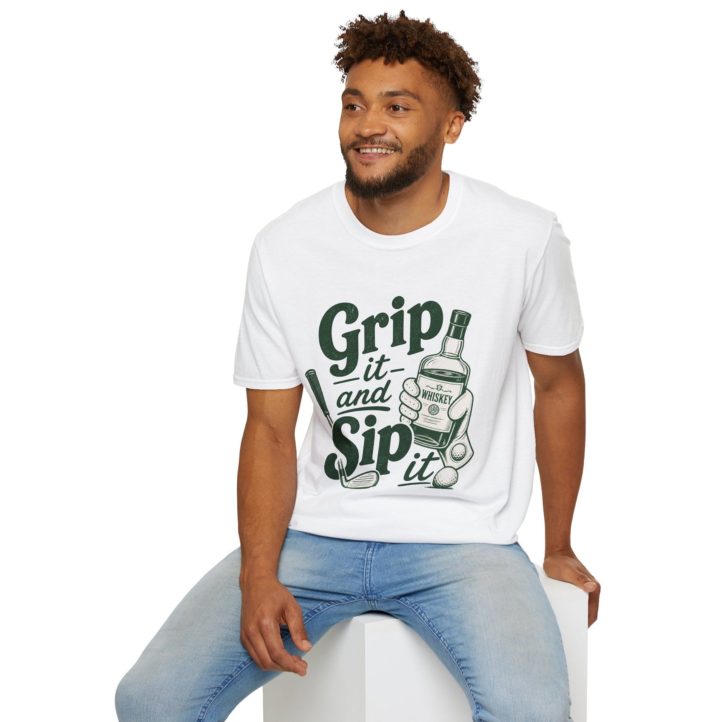 Grip It and Sip It funny golf whiskey shirt, White, worn by a seated model