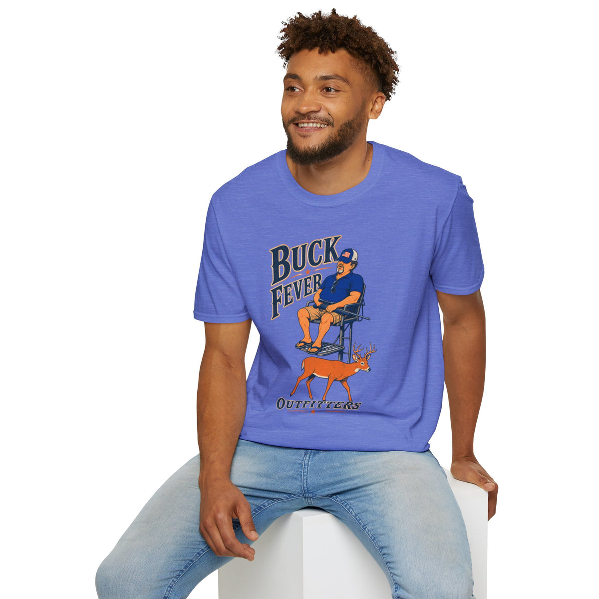 Buck Fever Outfitters Shirt, Heather Royal blue, worn by a model seated on a white block