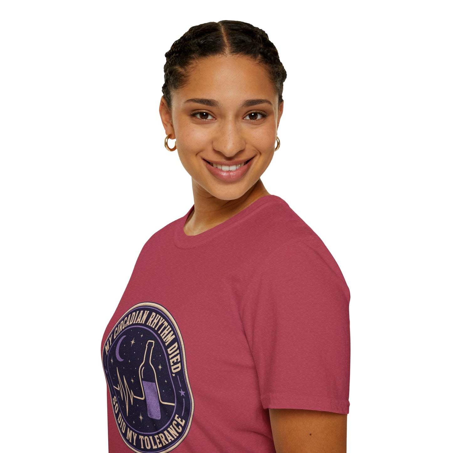 Circular vintage badge t-shirt graphic with a starry night sky background and a flatlined heartbeat line transitioning into a wine bottle silhouette, text reading My Circadian Rhythm Died, So Did My Tolerance