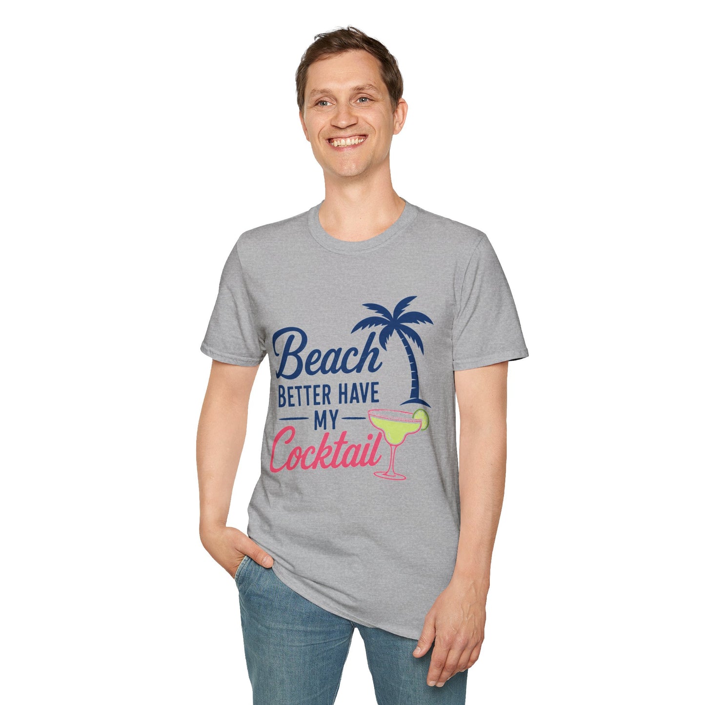 Beach Better Have My Cocktail Shirt, Sport Grey, worn by a standing model with one hand in their pocket