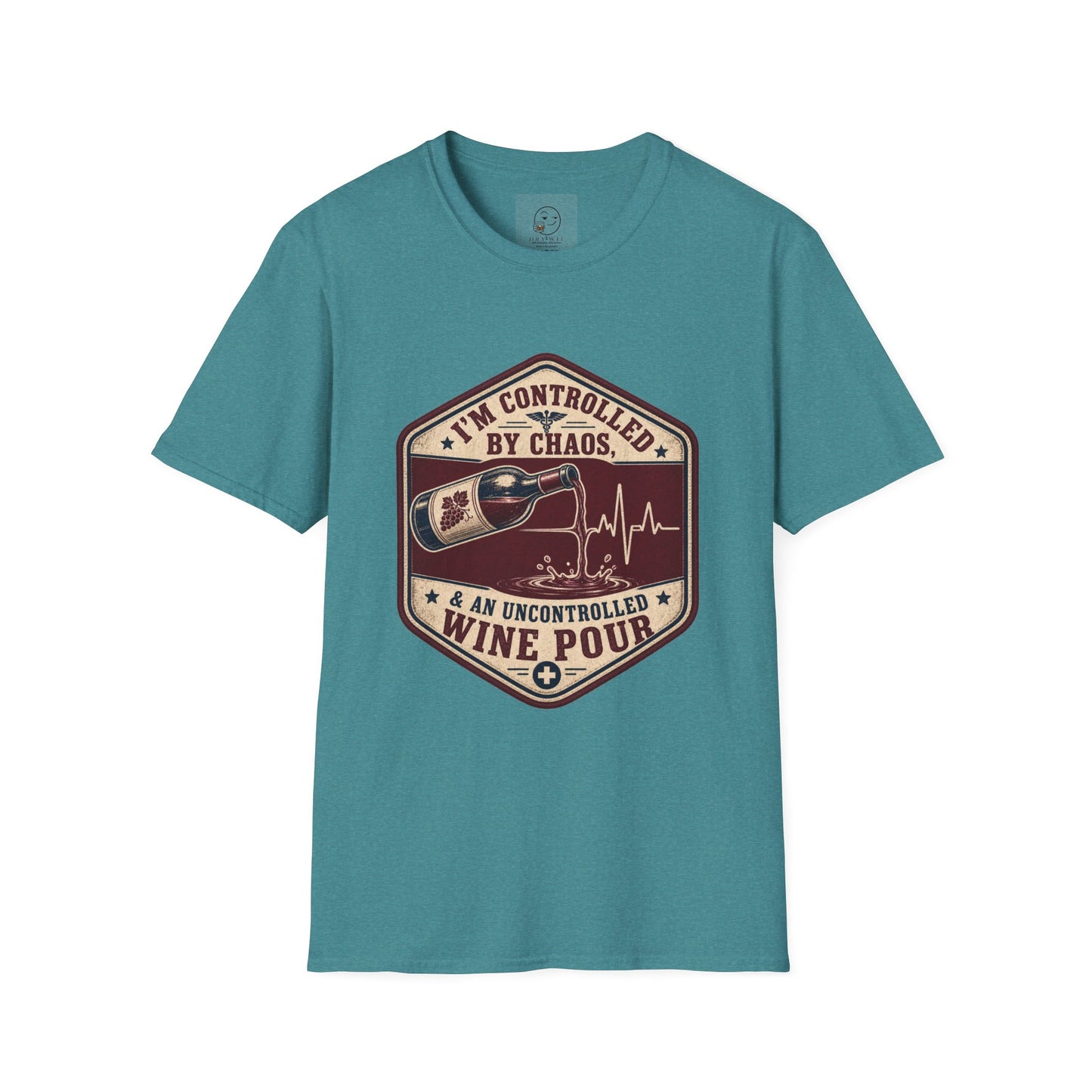 Hexagonal vintage badge t-shirt graphic of a wine bottle mid-pour with the liquid stream shaped like a heartbeat line, text reading I'm Controlled By Chaos & An Uncontrolled Wine Pour