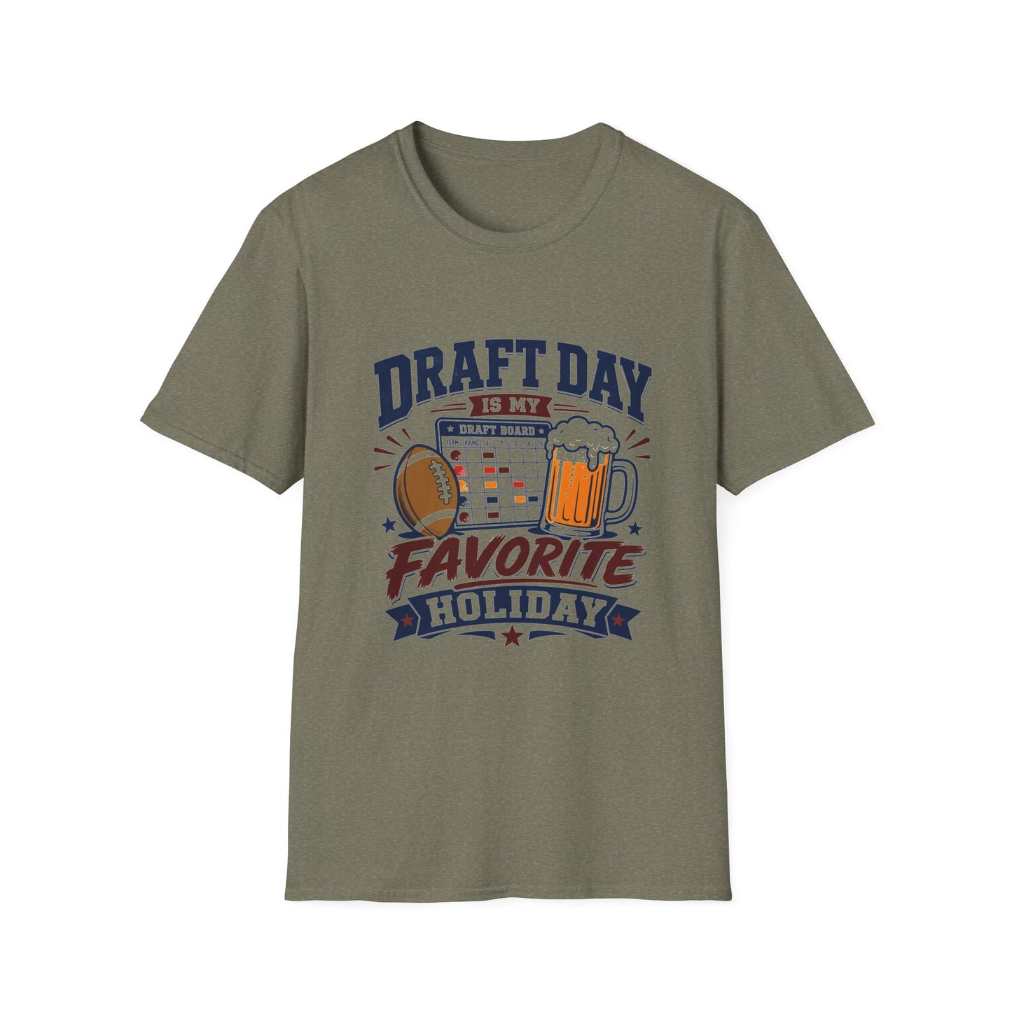 T-shirt design with navy Draft Day text, a fantasy football draft board grid, football, and foaming beer mug graphic, banner reading Favorite Holiday