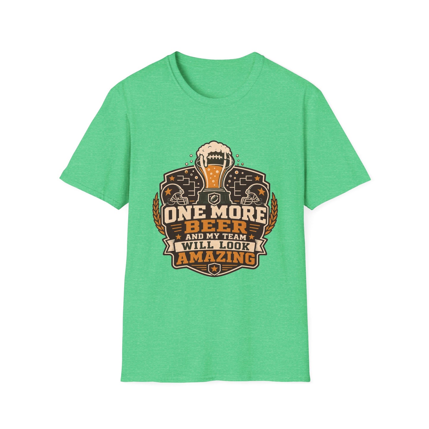 T-shirt design with maroon and amber badge, football-topped beer trophy, football helmets, and bracket graphics, text reading One More Beer And My Team Will Look Amazing