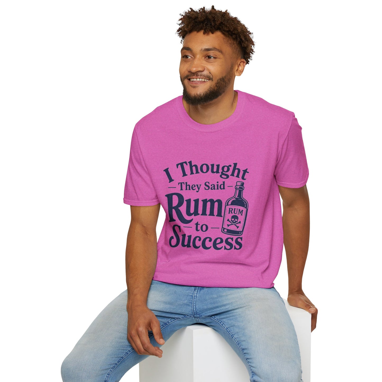 I Thought They Said Rum to Success Shirt, Heather Berry pink, worn by a model seated on a white block