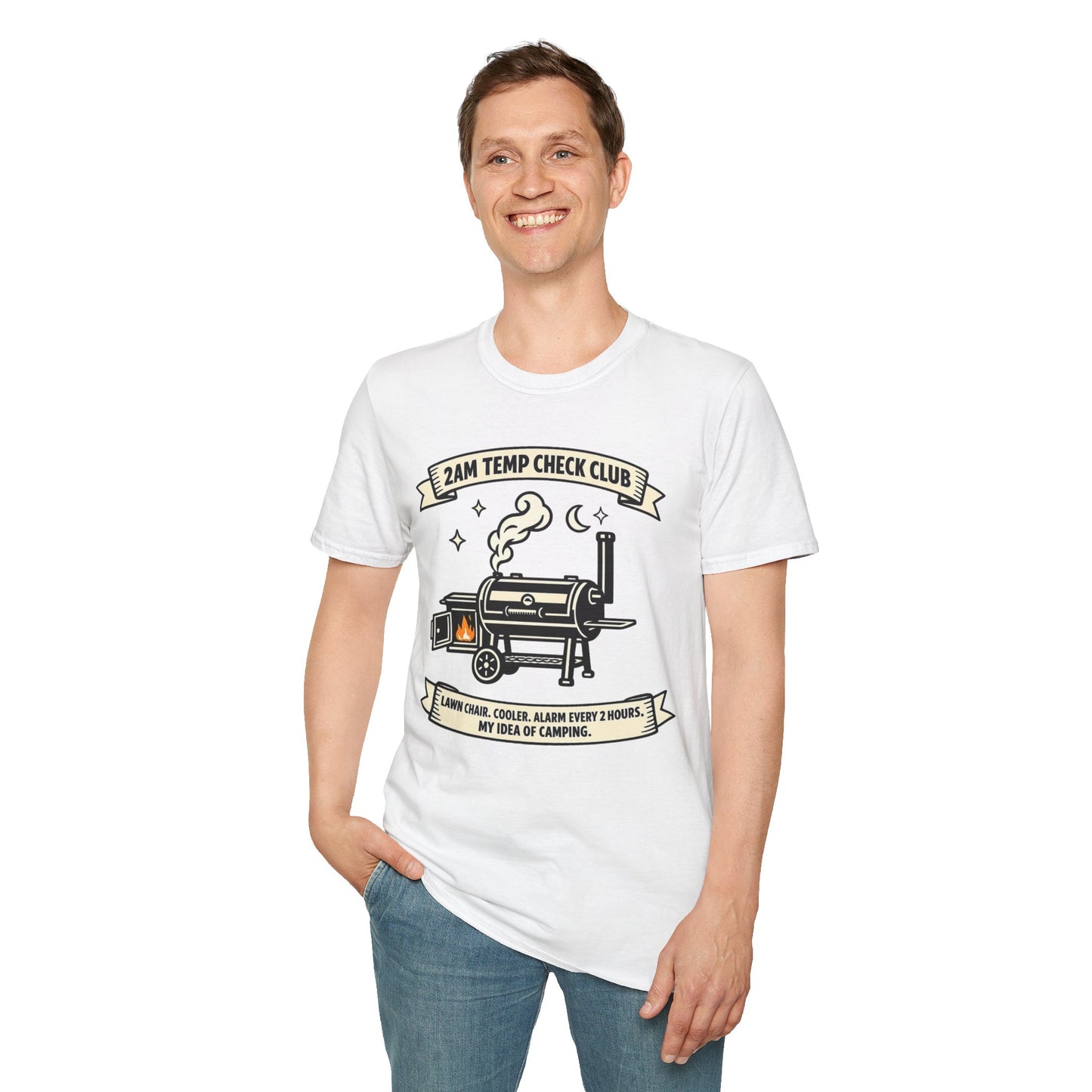 2AM Temp Check Club Shirt, White, worn by a standing model with one hand in their pocket