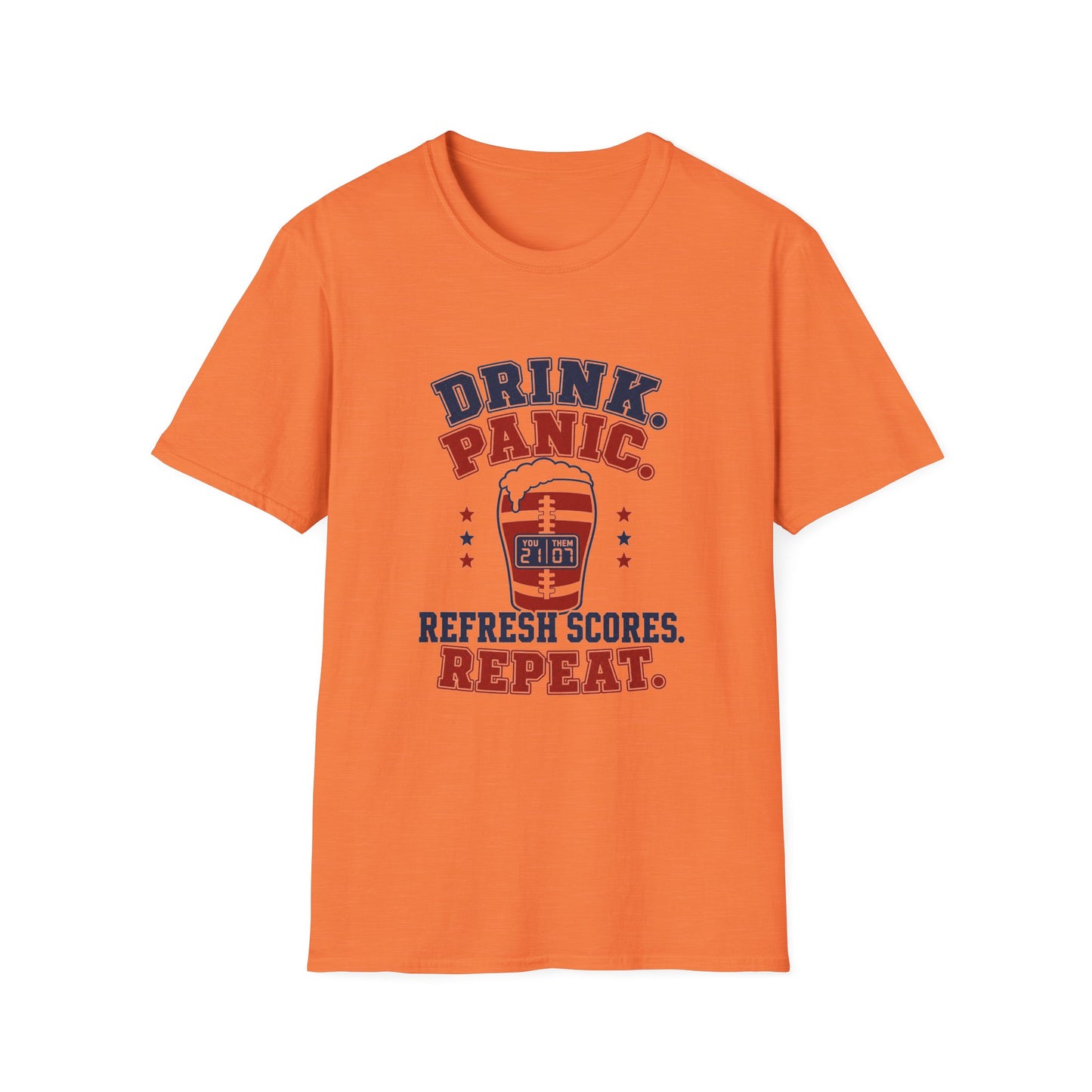 T-shirt design with navy and maroon text reading Drink Panic Refresh Scores Repeat, football-striped pint glass with a scoreboard graphic