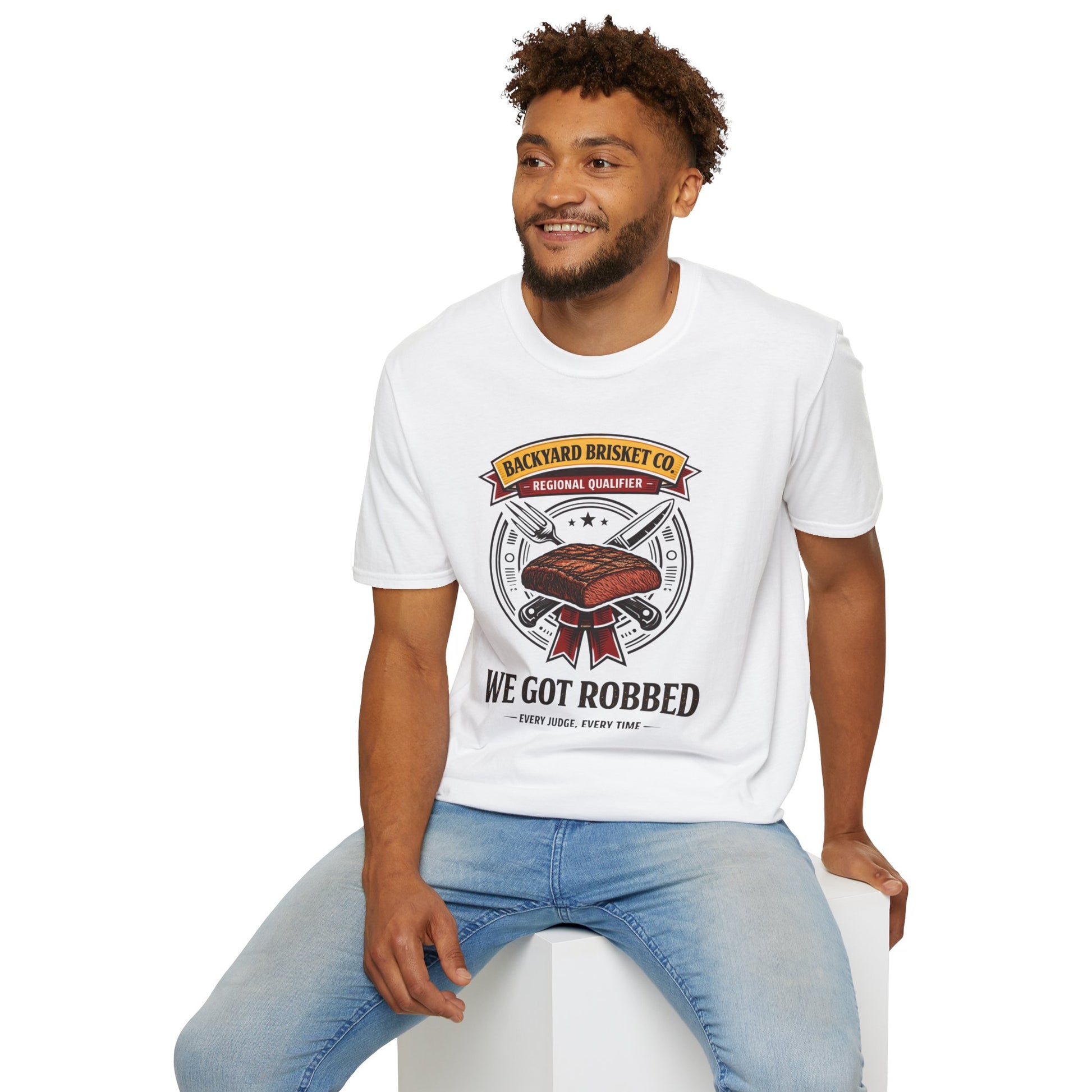 Backyard Brisket Co. Shirt, White, worn by a model seated on a white block