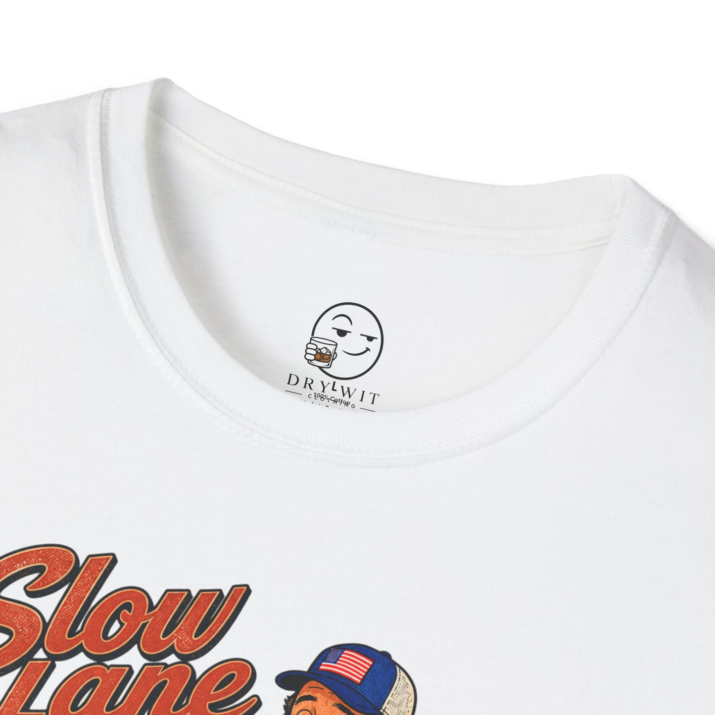 Retro garage-style t-shirt graphic of the Dry Wit dad mascot beside a classic muscle car holding a beer, text reading Slow Lane Motorsports