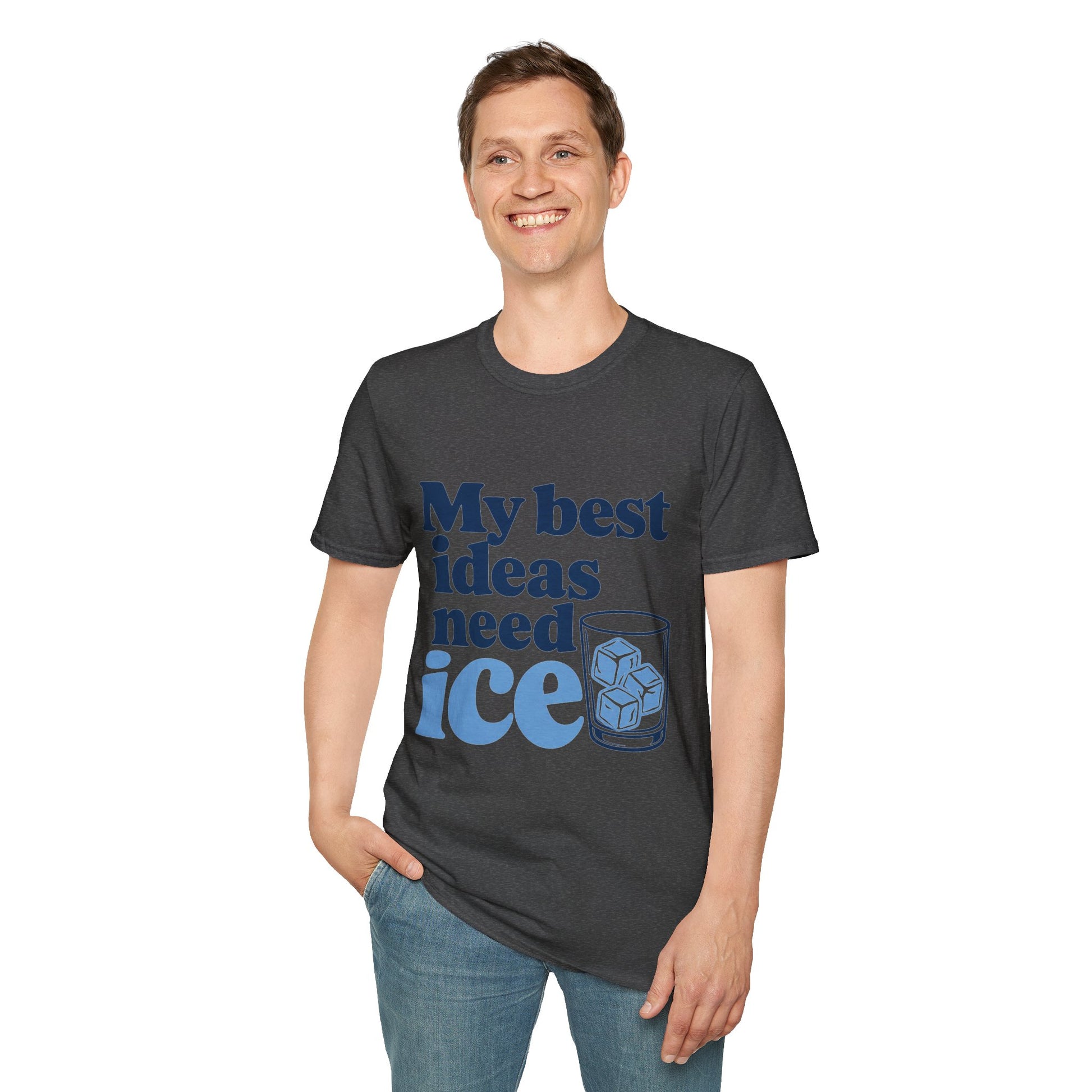 My Best Ideas Need Ice Shirt, Dark Heather charcoal, worn by a standing model with one hand in their pocket