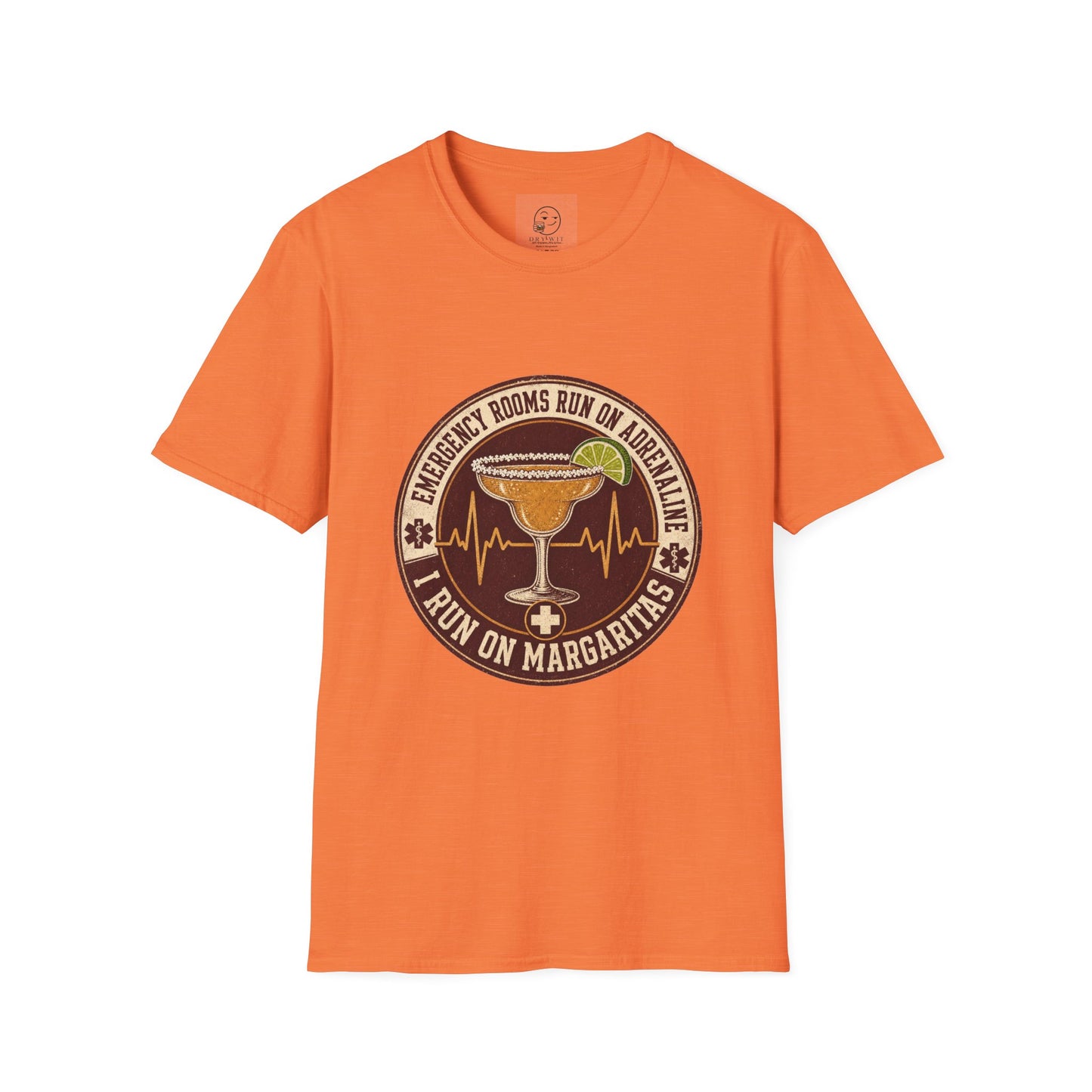 Circular vintage badge t-shirt graphic of a margarita glass with a salted rim and lime wedge beside a heartbeat line, text reading Emergency Rooms Run On Adrenaline, I Run On Margaritas