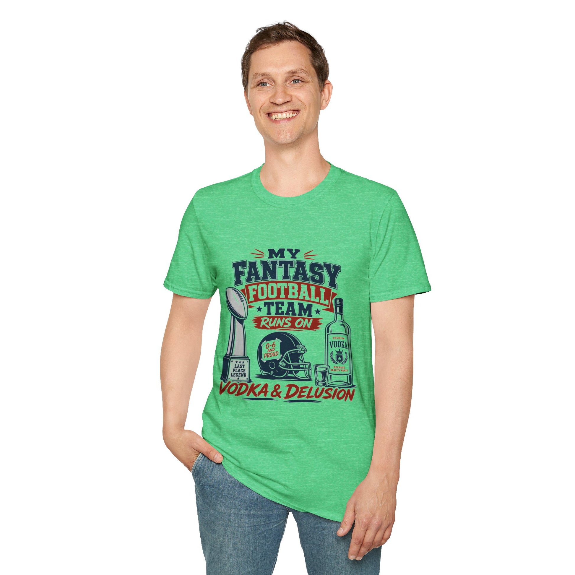 T-shirt design with navy and maroon text reading My Fantasy Football Team Runs On Vodka And Delusion, last place trophy, football helmet, and vodka bottle graphics