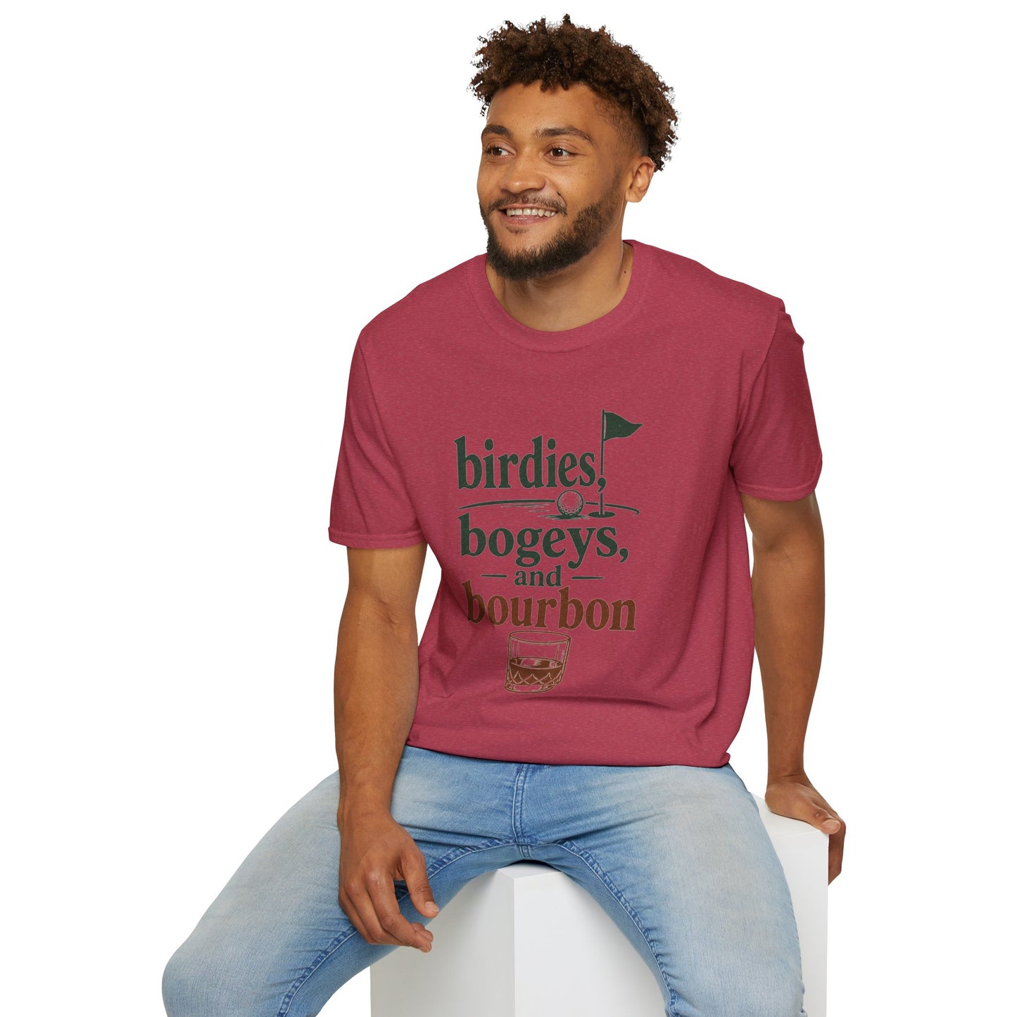 Birdies, Bogeys, and Bourbon Shirt, Heather Cardinal red, worn by a model seated on a white block