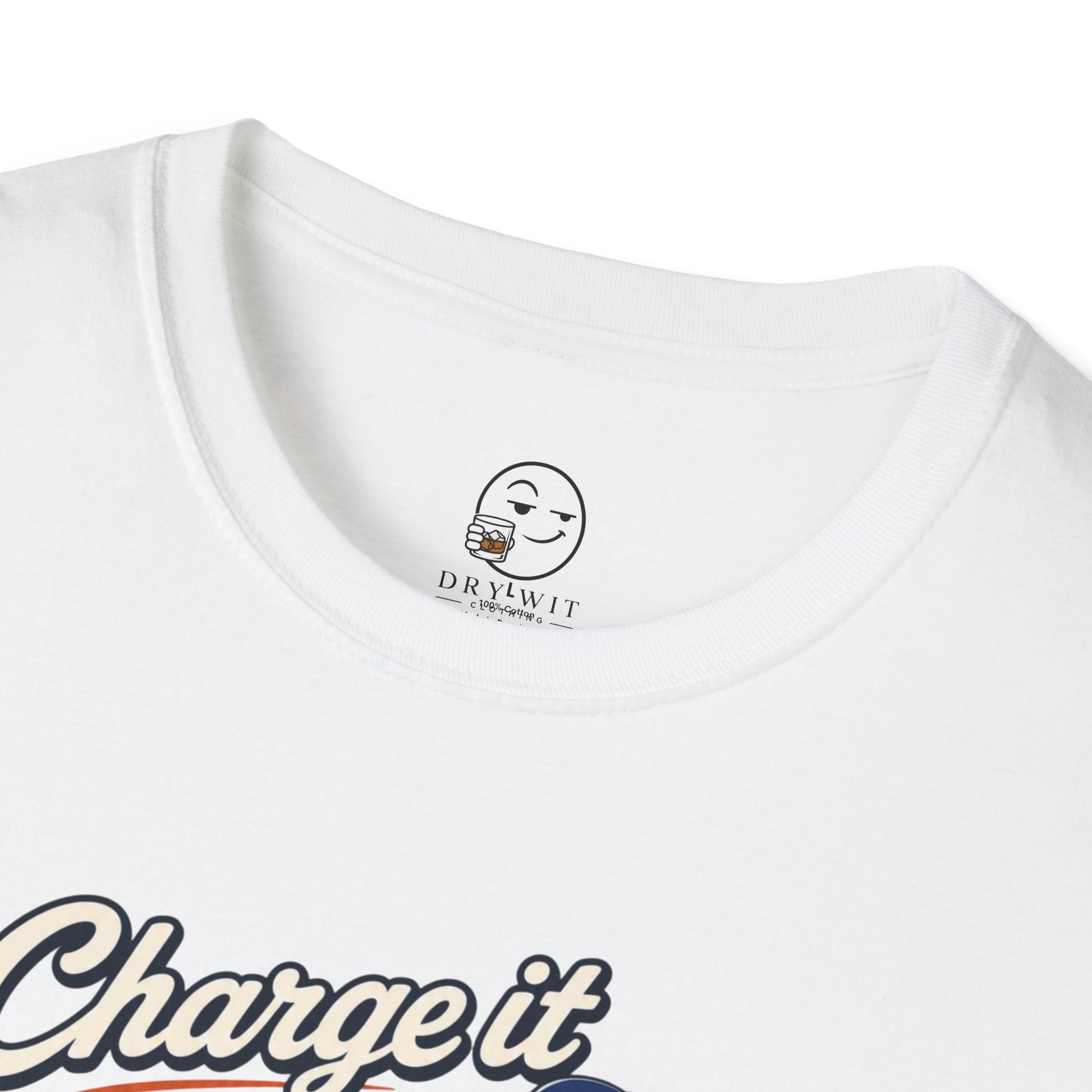 Retro cartoon t-shirt graphic of the Dry Wit dad mascot holding a bar tab at a sports bar, text reading Charge It To The Game