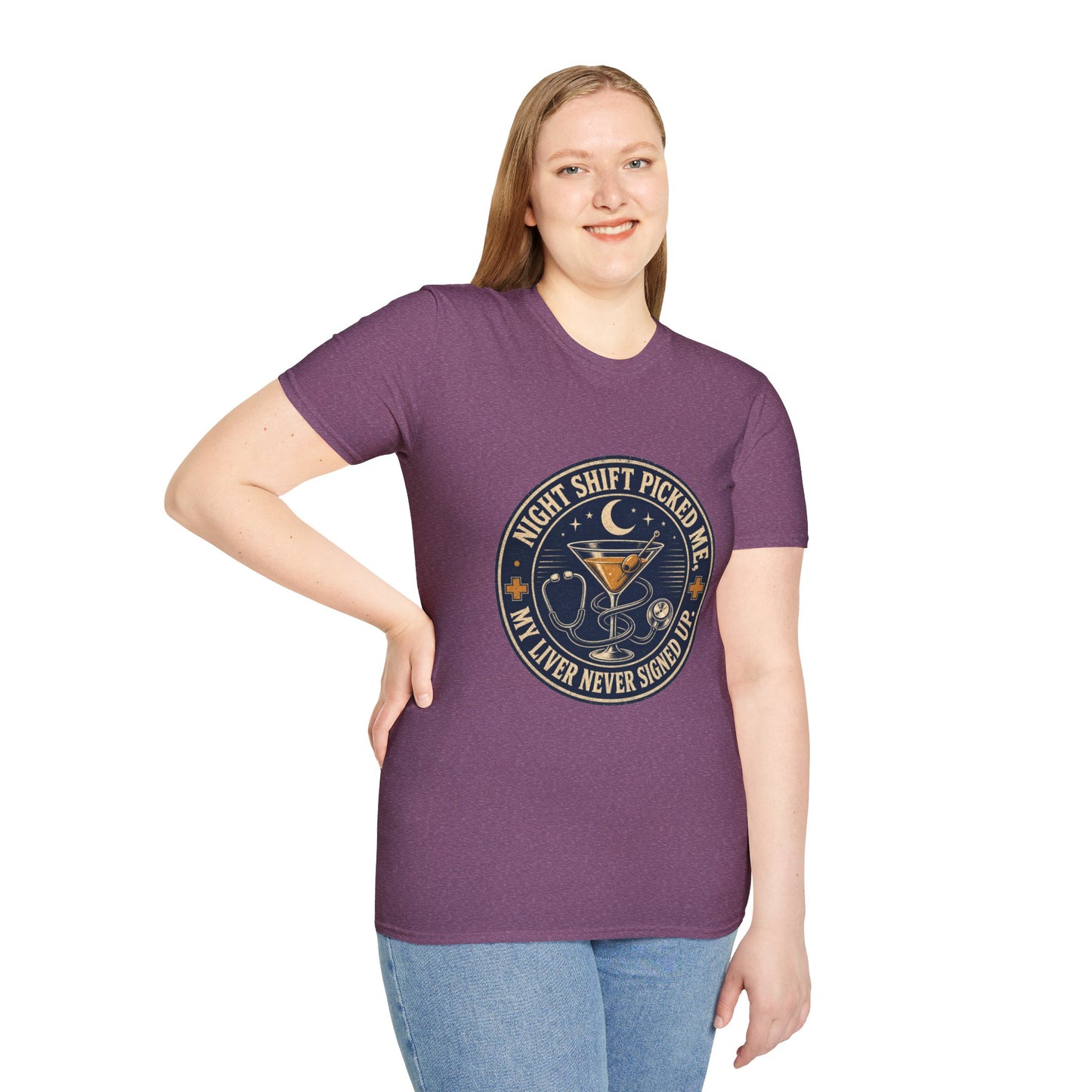 Circular vintage badge t-shirt graphic with a crescent moon and stars, a stethoscope wrapped around a martini glass, text reading Night Shift Picked Me, My Liver Never Signed Up