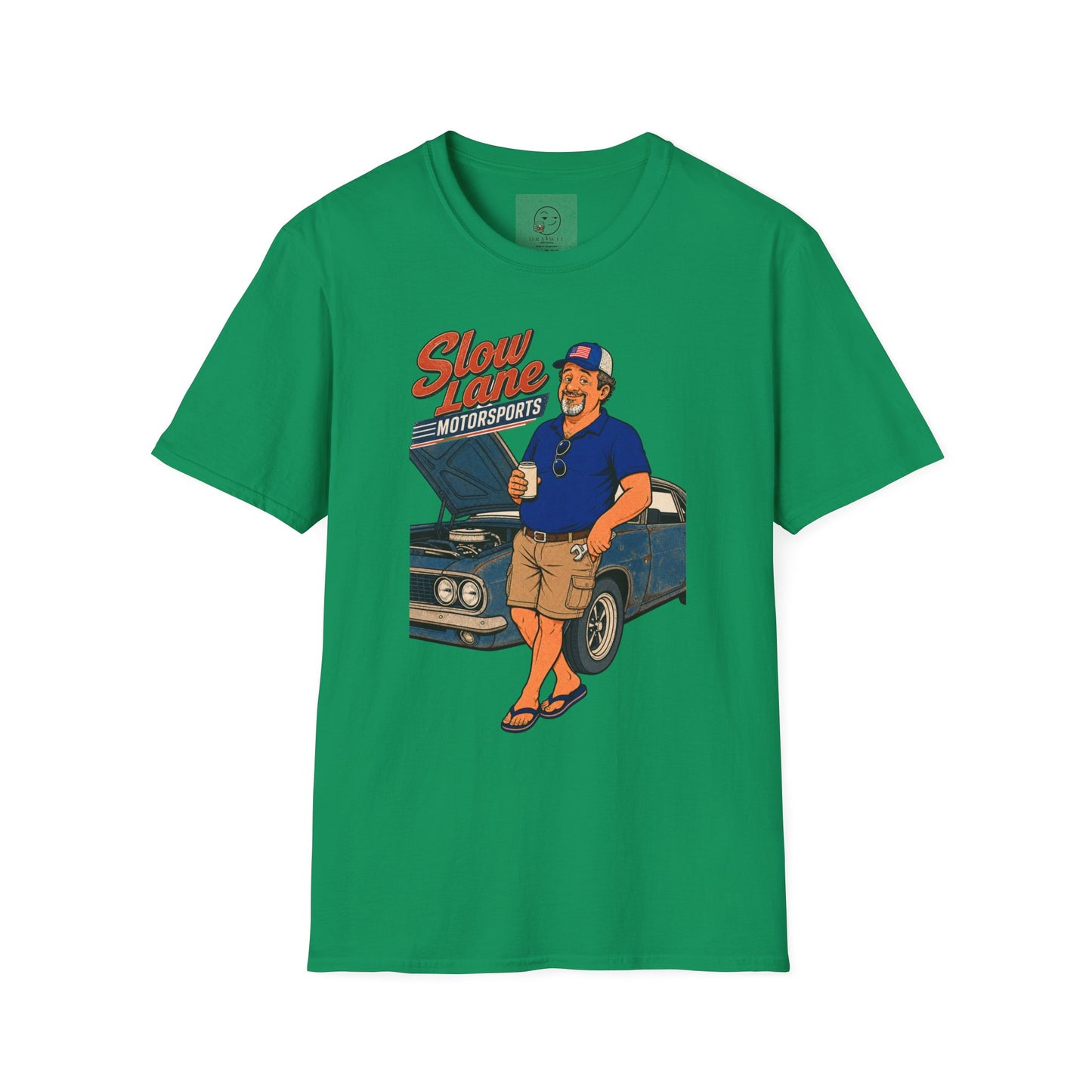 Retro garage-style t-shirt graphic of the Dry Wit dad mascot beside a classic muscle car holding a beer, text reading Slow Lane Motorsports