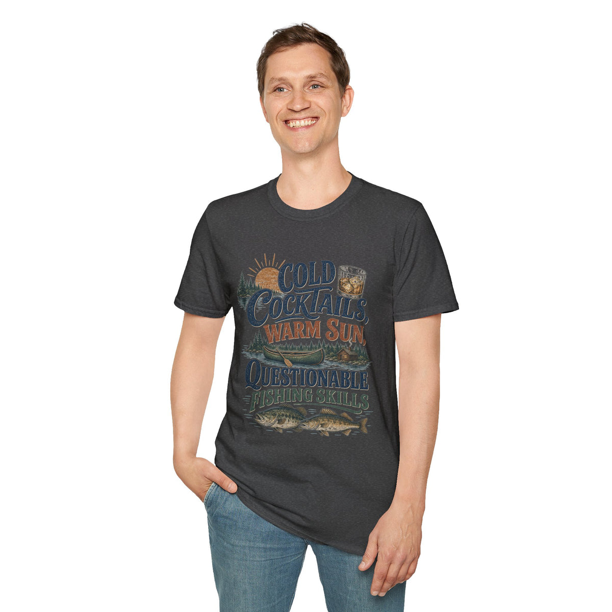 Cold Cocktails, Warm Sun Shirt, Dark Heather charcoal, worn by a standing model with one hand in their pocket