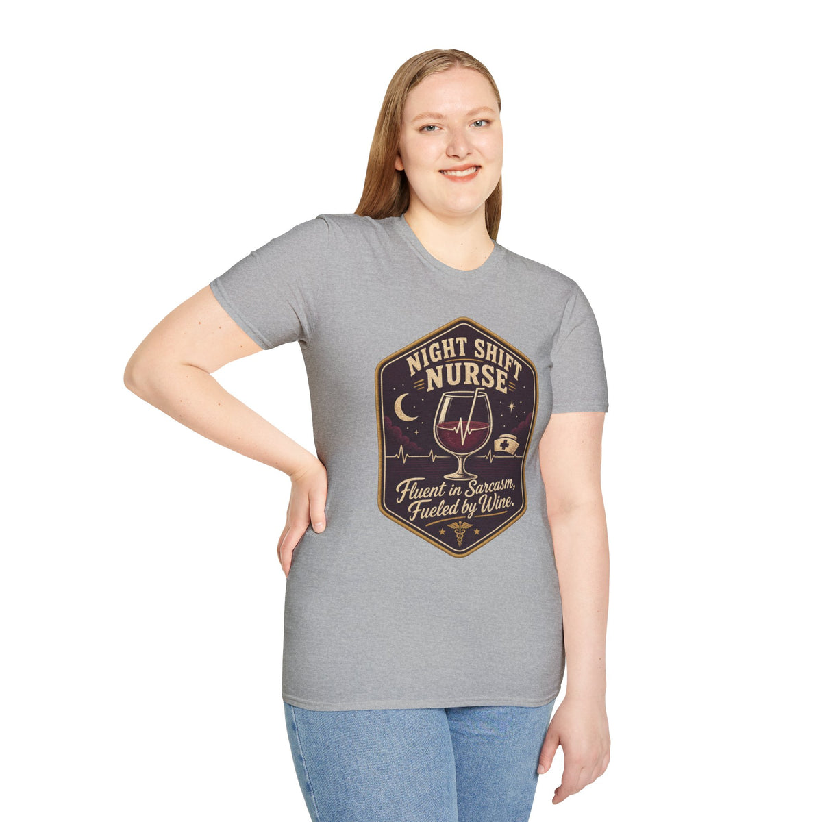 Fluent in Sarcasm Shirt, Sport Grey, worn by a standing model with a hand on their hip
