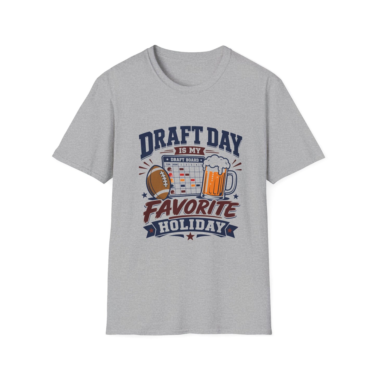 T-shirt design with navy Draft Day text, a fantasy football draft board grid, football, and foaming beer mug graphic, banner reading Favorite Holiday
