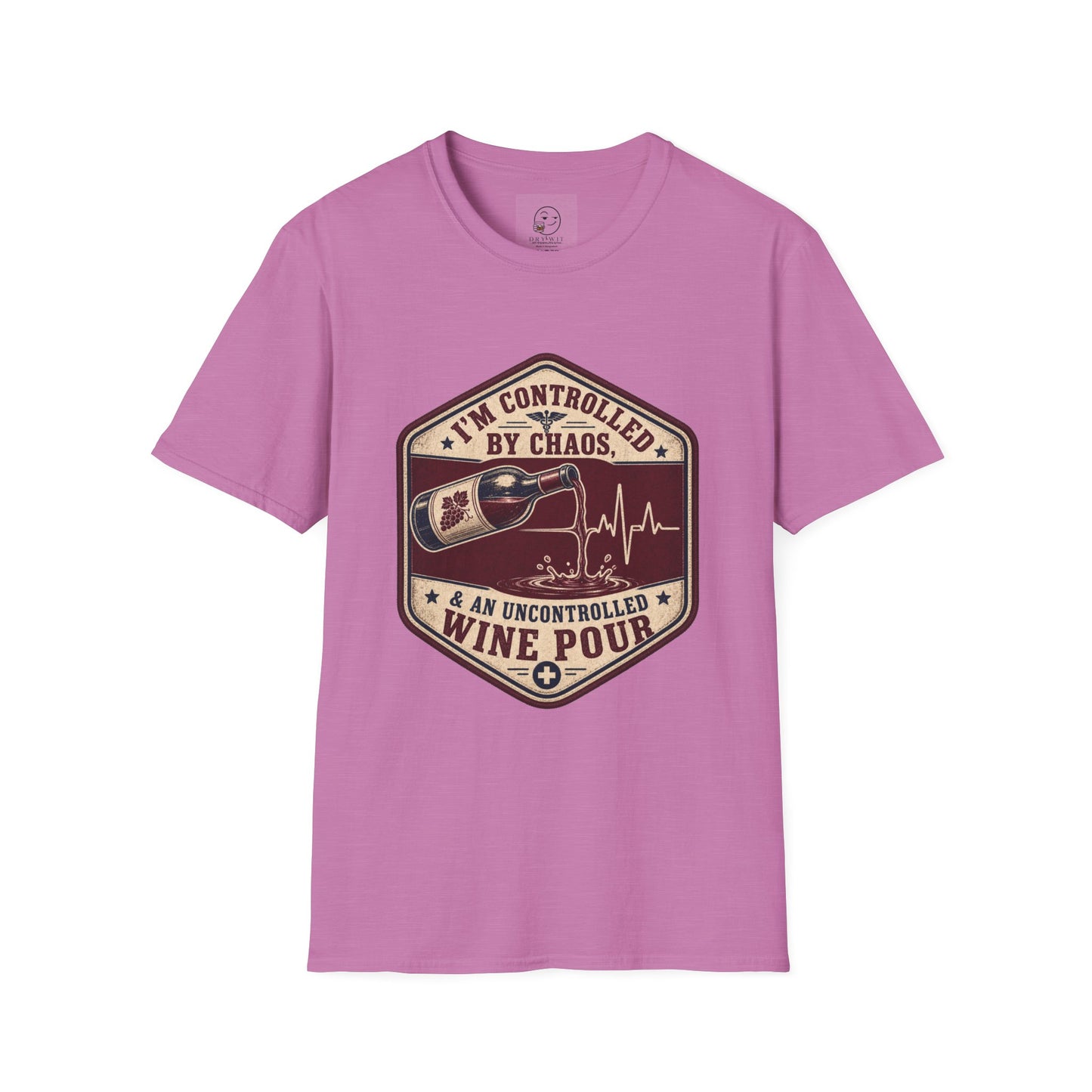 Hexagonal vintage badge t-shirt graphic of a wine bottle mid-pour with the liquid stream shaped like a heartbeat line, text reading I'm Controlled By Chaos & An Uncontrolled Wine Pour
