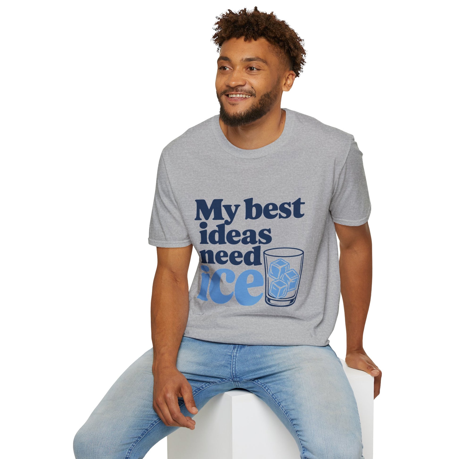 My Best Ideas Need Ice Shirt, Sport Grey, worn by a model seated on a white block