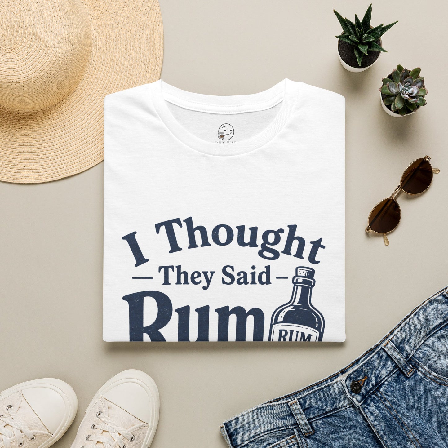 I Thought They Said Rum to Success Shirt, White, folded flat lay styled with a straw hat, sunglasses, sneakers and denim