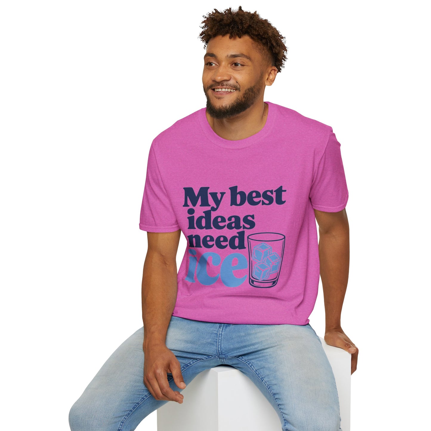 My Best Ideas Need Ice Shirt, Heather Berry pink, worn by a model seated on a white block