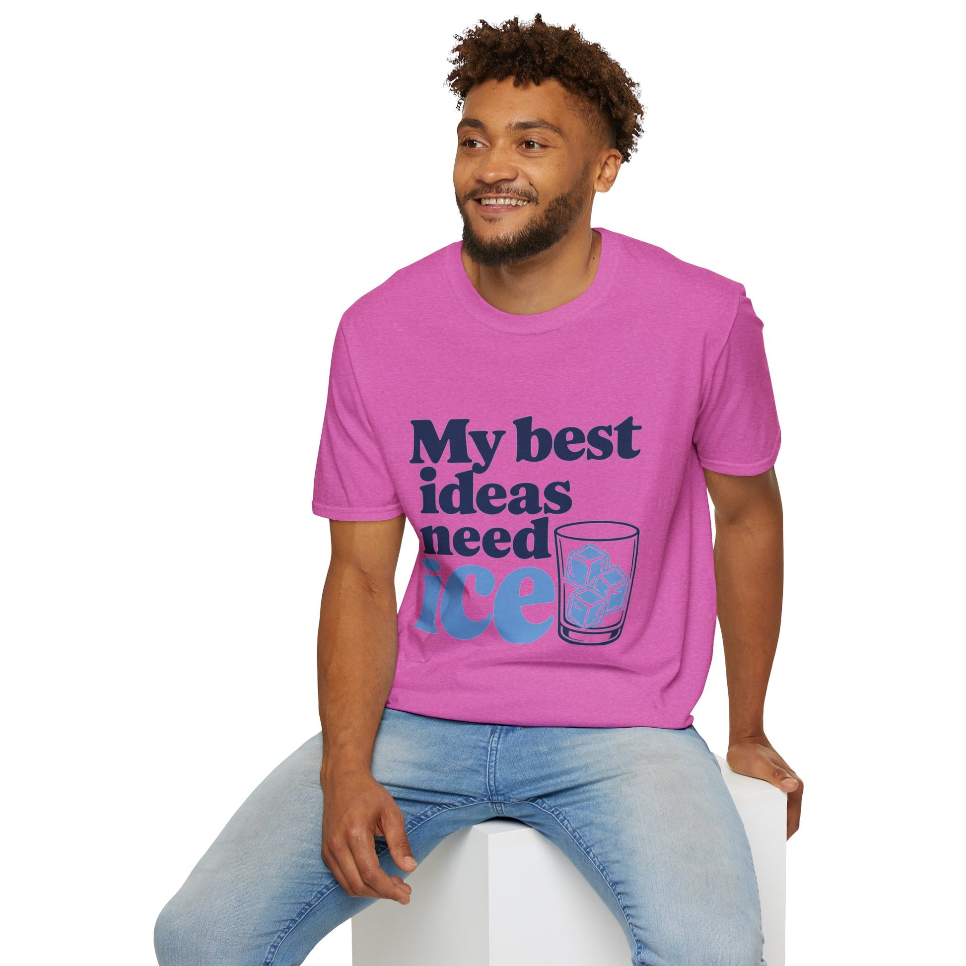 My Best Ideas Need Ice Shirt, Heather Berry pink, worn by a model seated on a white block