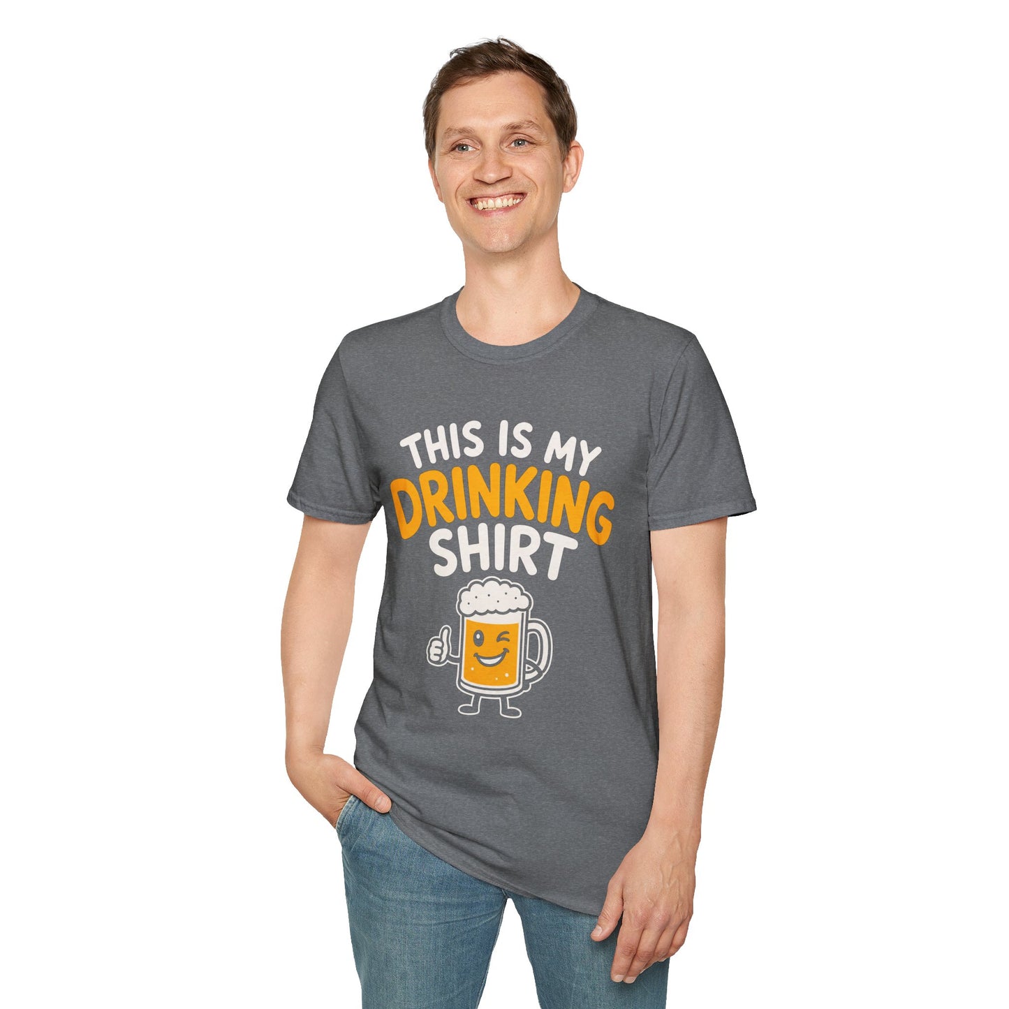 This Is My Drinking Shirt, Graphite Heather grey, worn by a standing model with one hand in their pocket