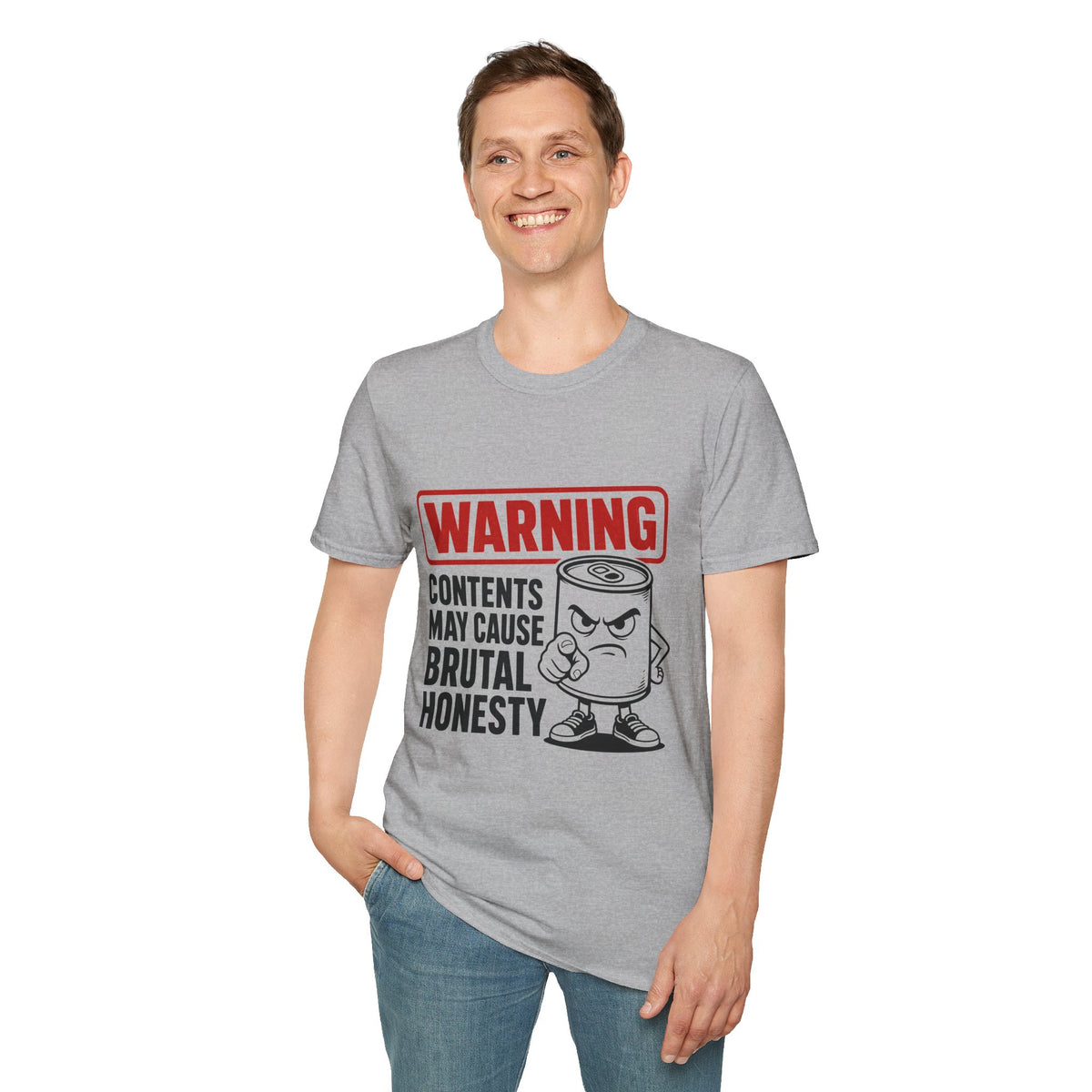 Warning: Contents May Cause Brutal Honesty Shirt, Sport Grey, worn by a standing model with one hand in their pocket