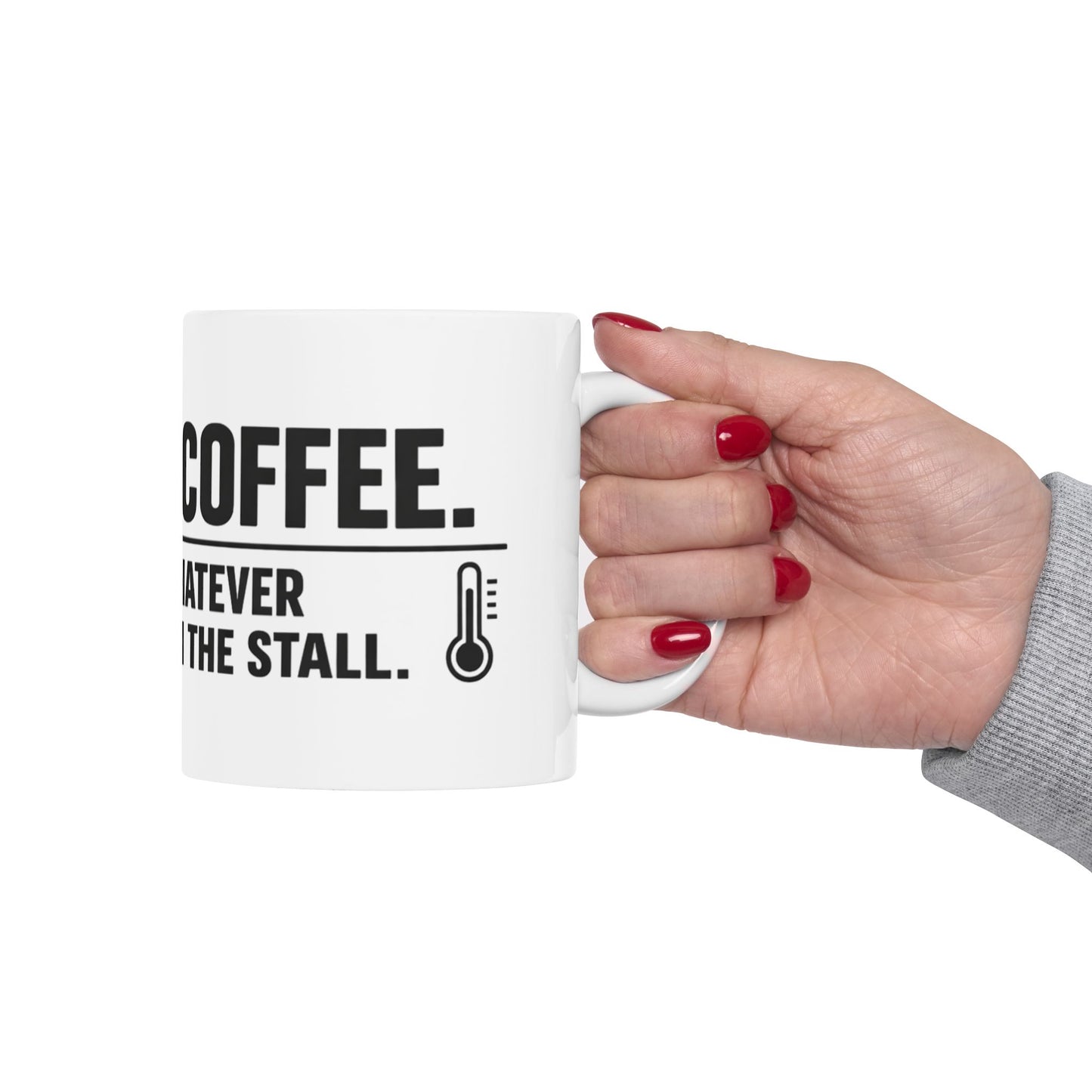 Might Be Coffee Mug, white ceramic, held in one hand by the handle on the right against a plain background