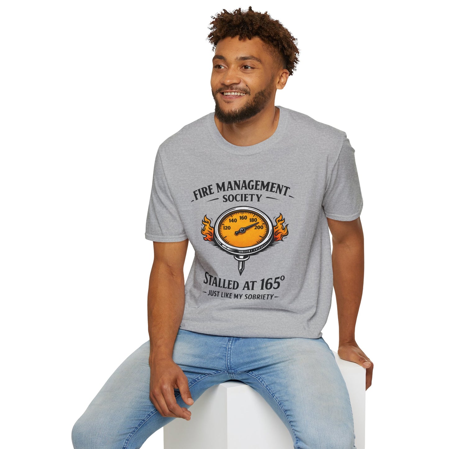 Fire Management Society Shirt, Sport Grey, worn by a model seated on a white block