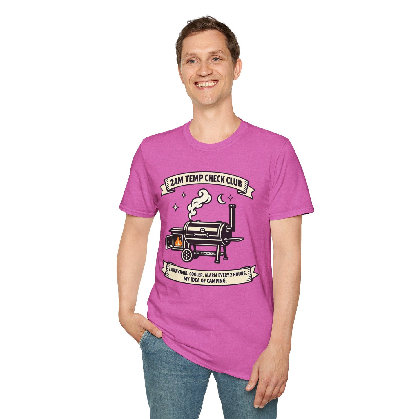 2AM Temp Check Club Shirt, Heather Berry pink, worn by a standing model with one hand in their pocket