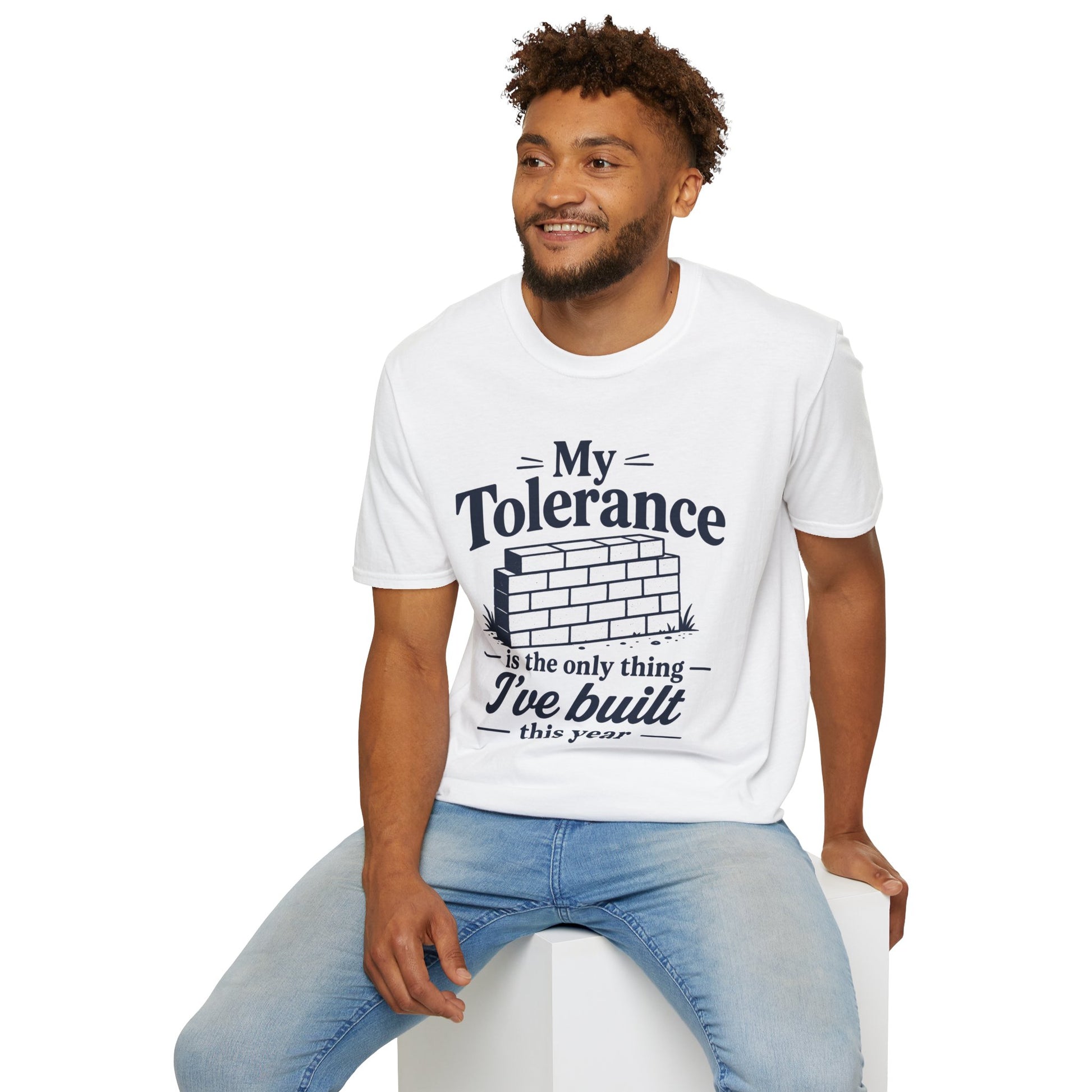 My Tolerance Is the Only Thing I've Built, White, worn by a model seated on a white block