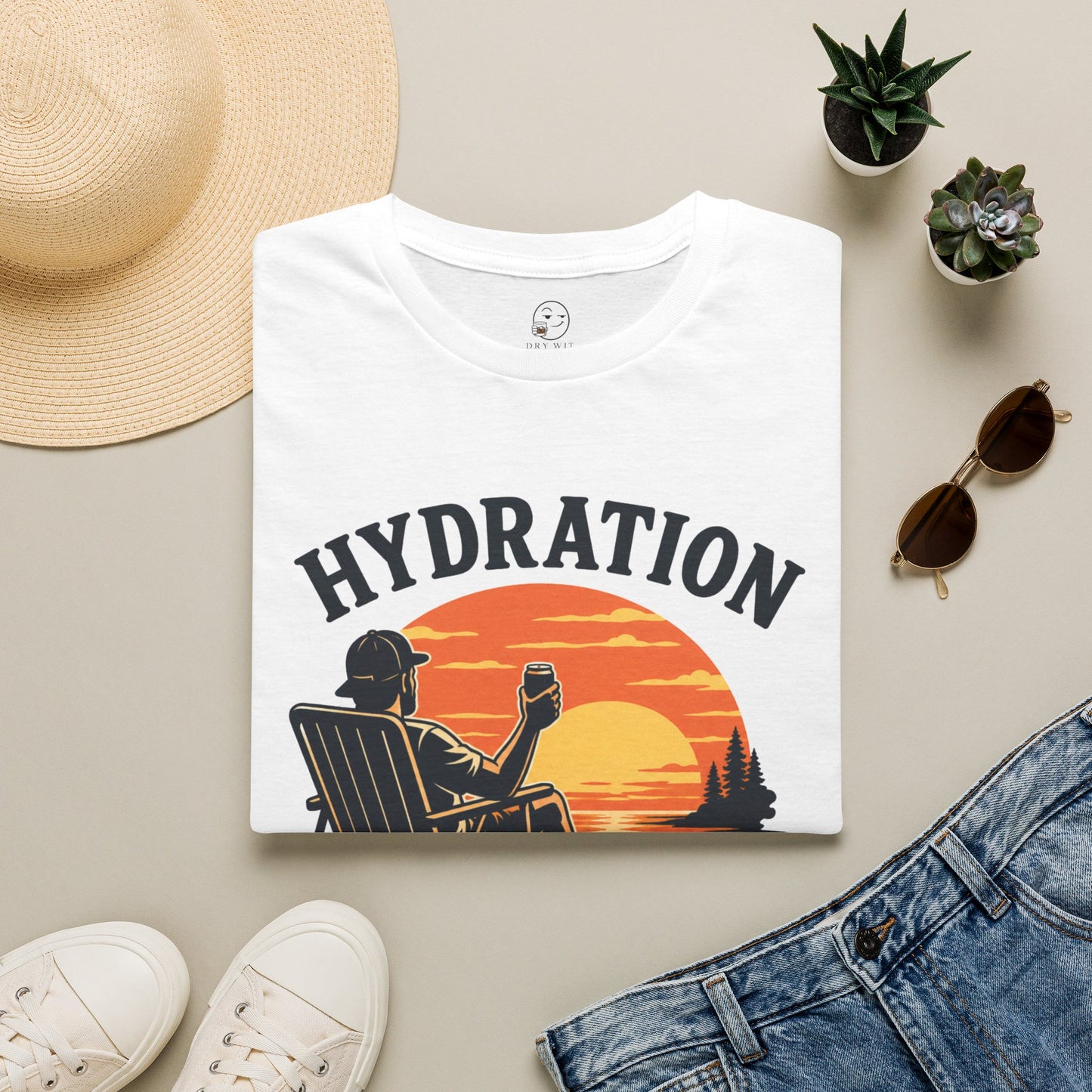 Hydration Is Tomorrow's Problem Shirt, White, folded flat lay styled with a straw hat, sunglasses, sneakers and denim