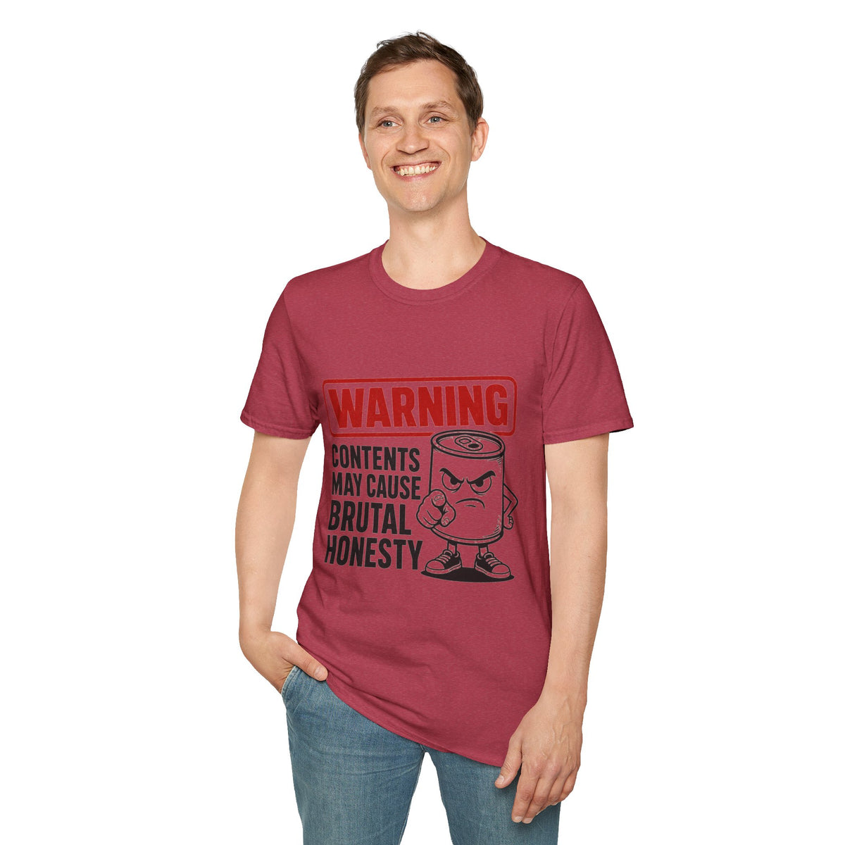 Warning: Contents May Cause Brutal Honesty Shirt, Heather Cardinal red, worn by a standing model with one hand in their pocket