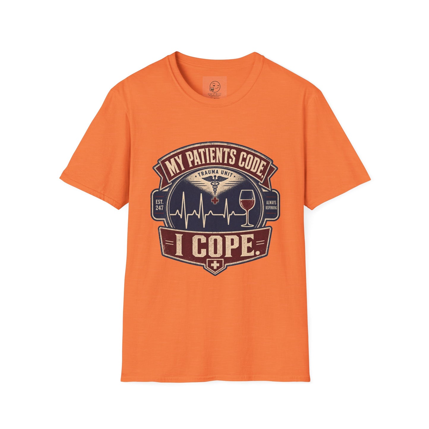 Vintage badge t-shirt graphic of an EKG heartbeat line transitioning into a wine glass shape with a small caduceus icon, text reading My Patients Code, I Cope