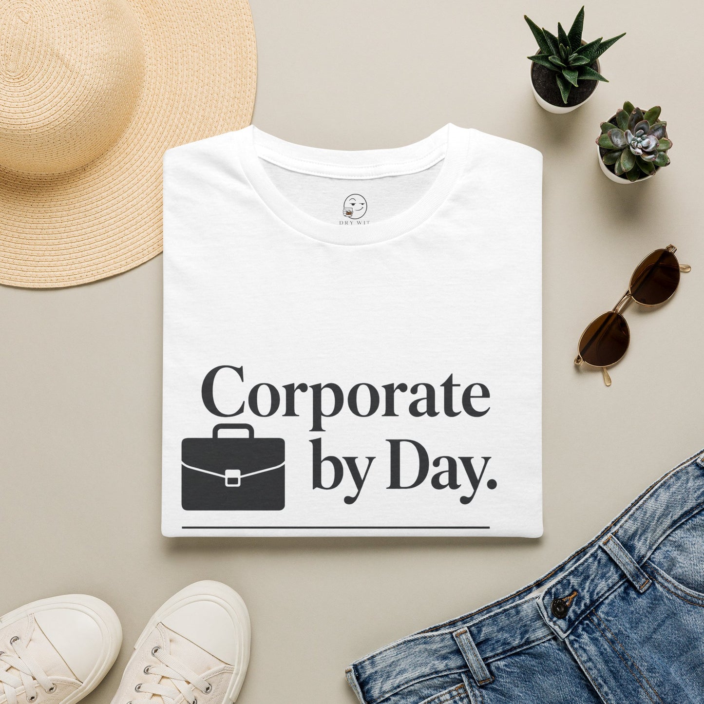 Corporate by Day, Cocktails by Night Shirt, White, folded flat lay styled with a straw hat, sunglasses, sneakers and denim