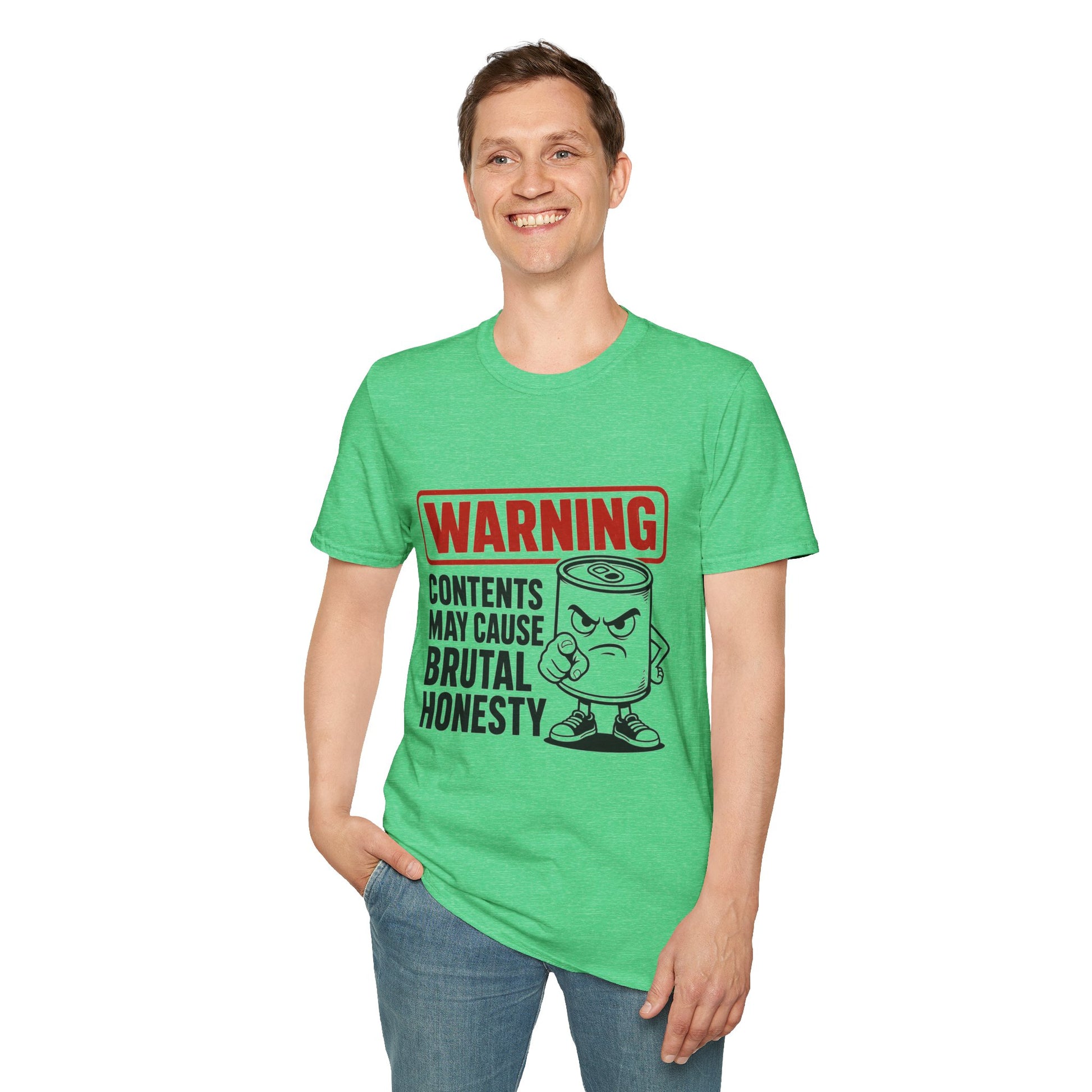 Warning: Contents May Cause Brutal Honesty Shirt, Heather Irish Green mint, worn by a standing model with one hand in their pocket