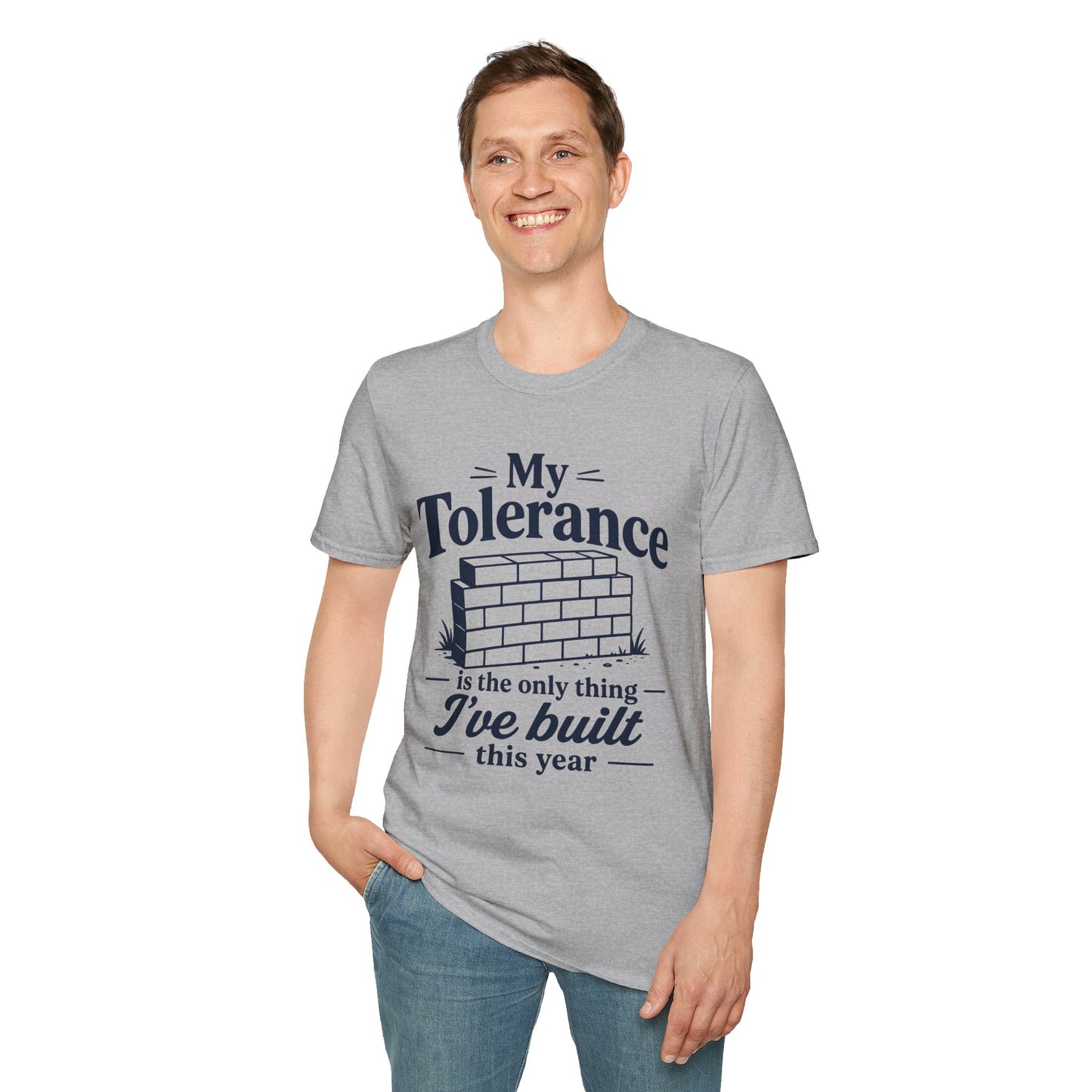 My Tolerance Is the Only Thing I've Built, Sport Grey, worn by a standing model with one hand in their pocket