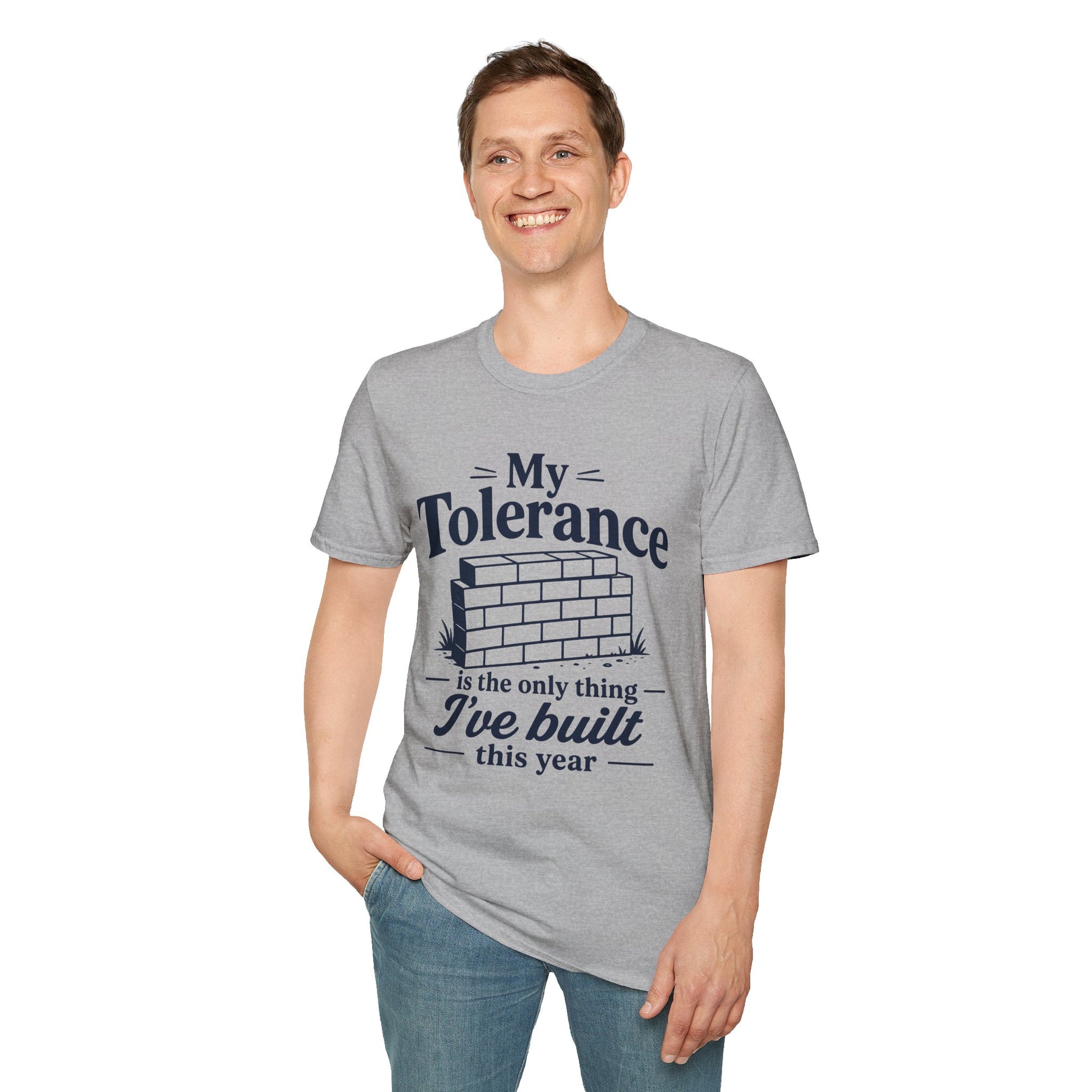 My Tolerance Is the Only Thing I've Built, Sport Grey, worn by a standing model with one hand in their pocket