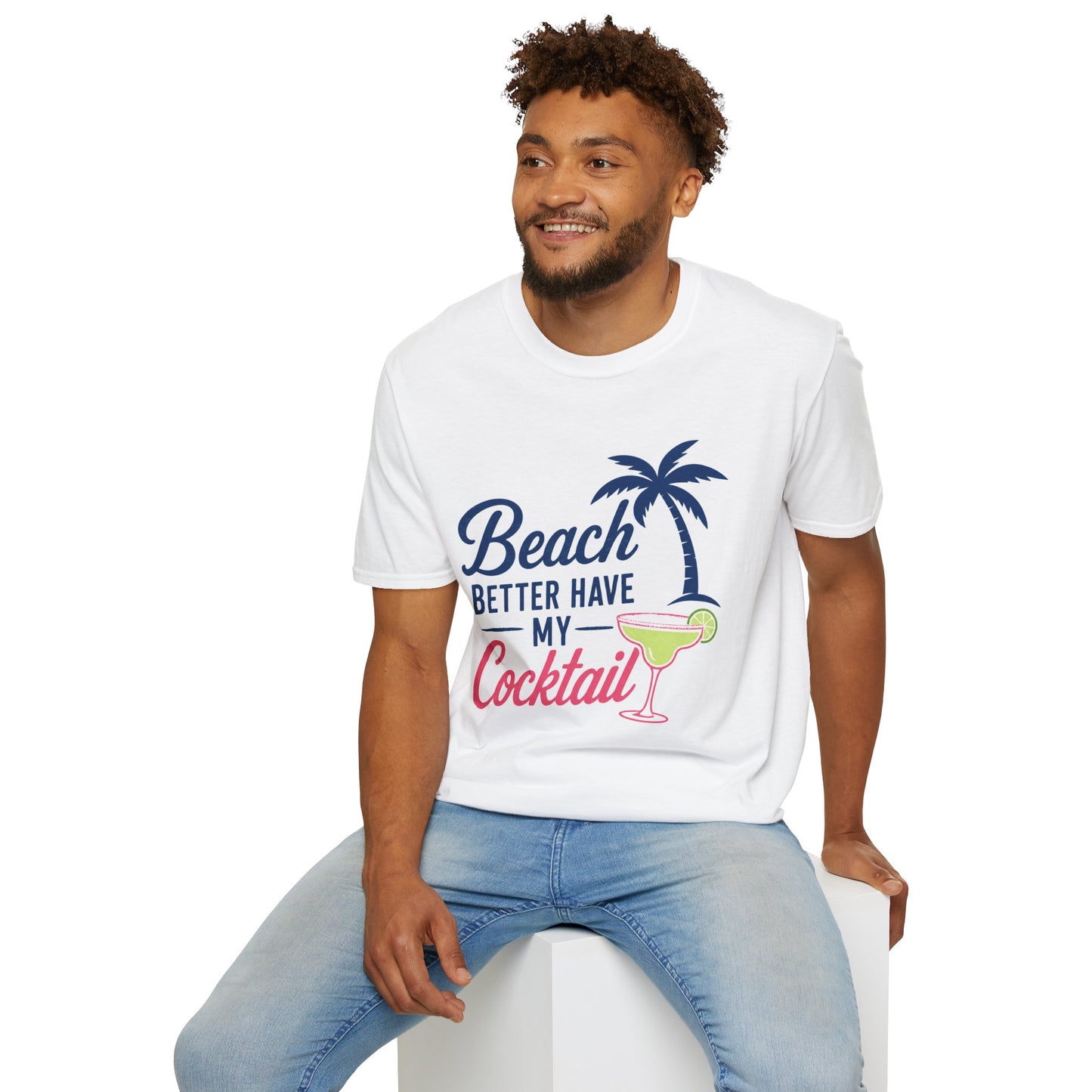 Beach Better Have My Cocktail Shirt, White, worn by a model seated on a white block