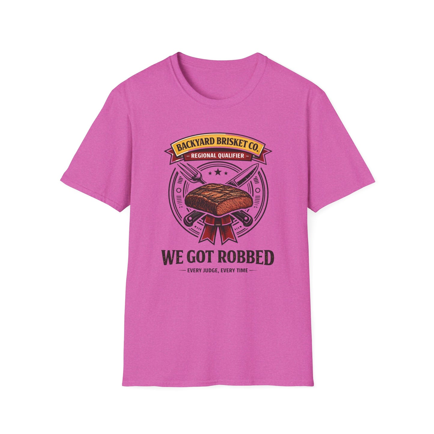 Backyard Brisket Co. Shirt, Heather Berry pink, front flat lay