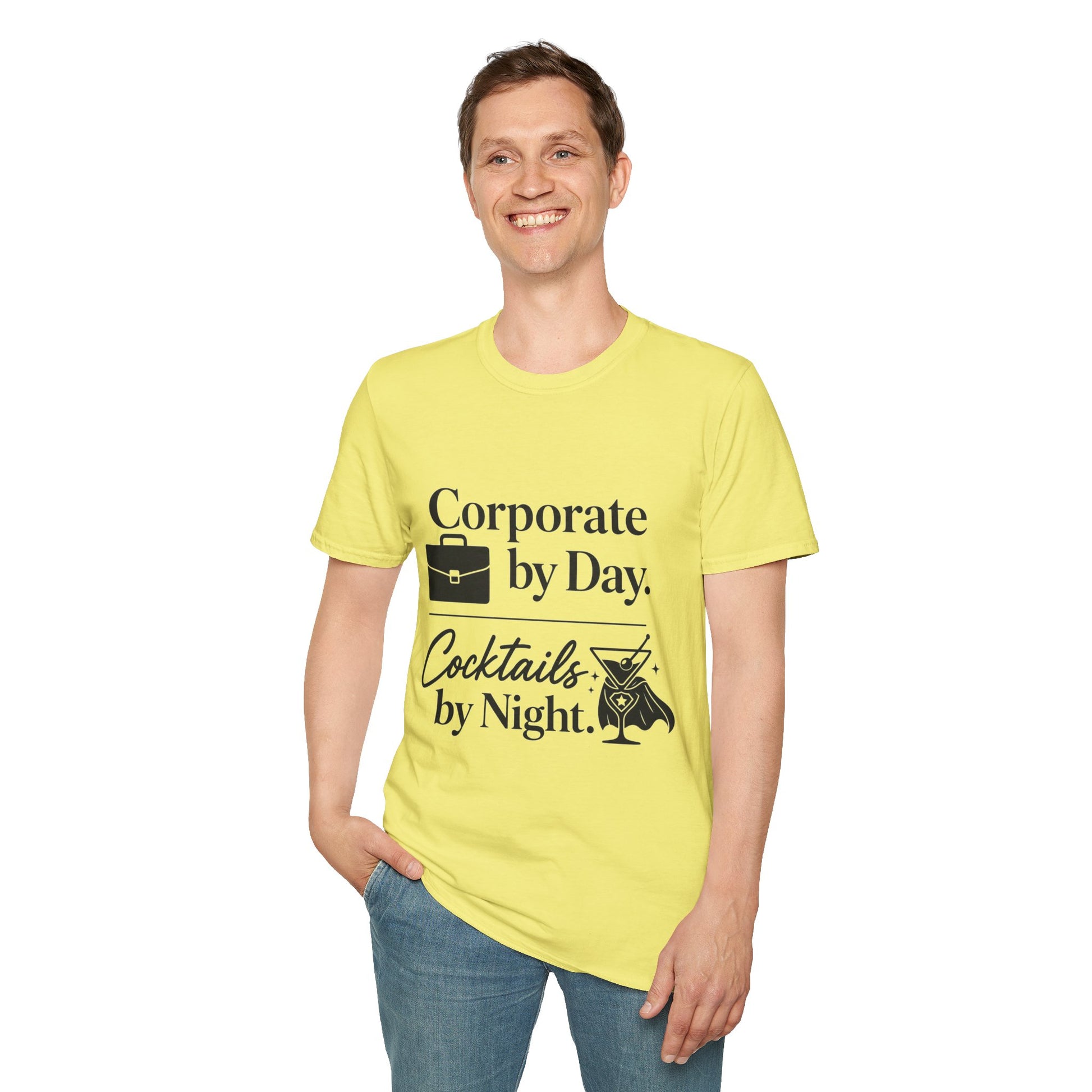 Corporate by Day, Cocktails by Night Shirt, Cornsilk pale yellow, worn by a standing model with one hand in their pocket