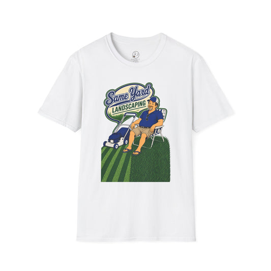 Retro cartoon t-shirt graphic of the Dry Wit dad mascot with a beer beside a lawn mower and grass stripes, text reading Same Yard Landscaping