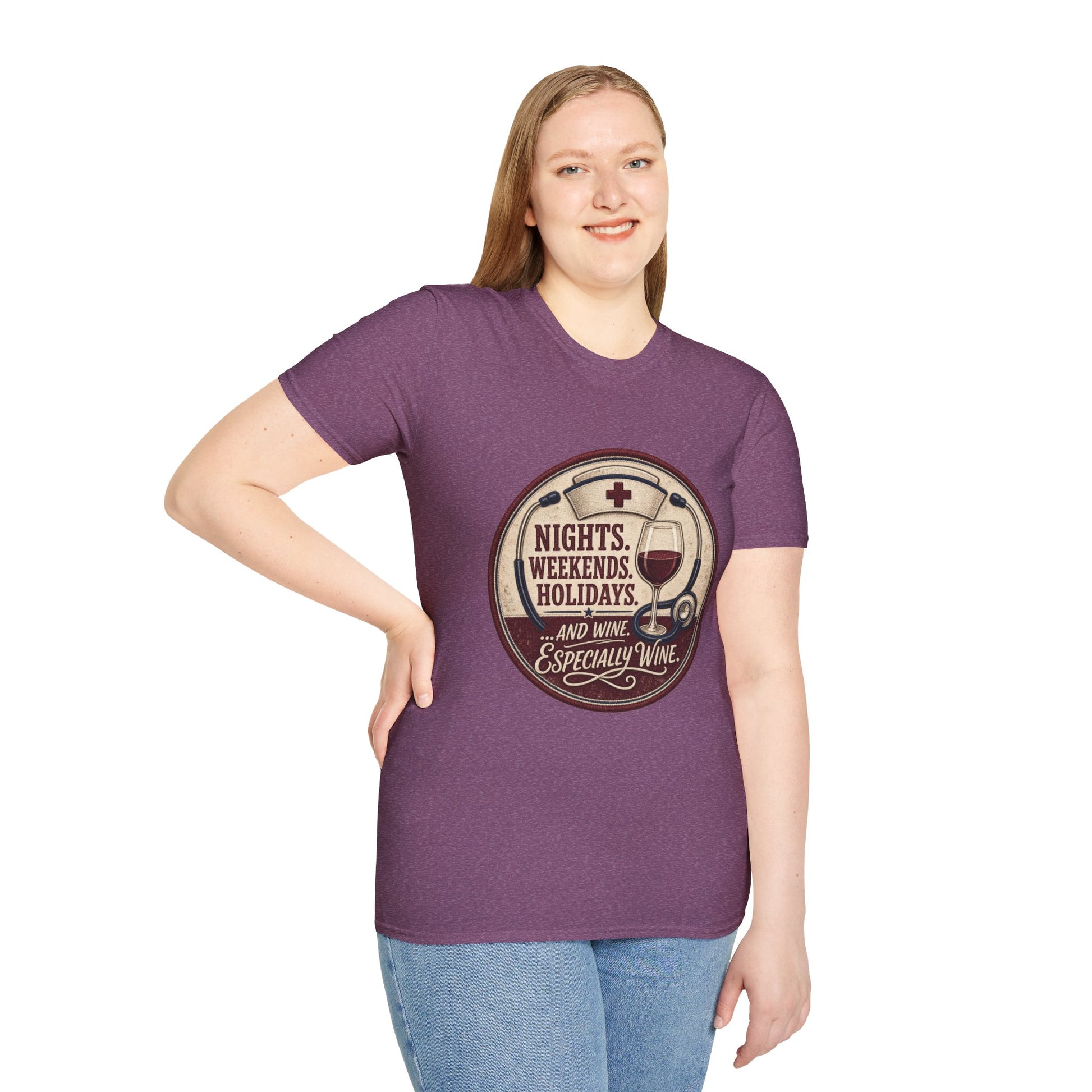 Circular vintage badge t-shirt graphic of a nurse's cap and stethoscope encircling a wine glass, text reading Nights. Weekends. Holidays. And Wine. Especially Wine.
