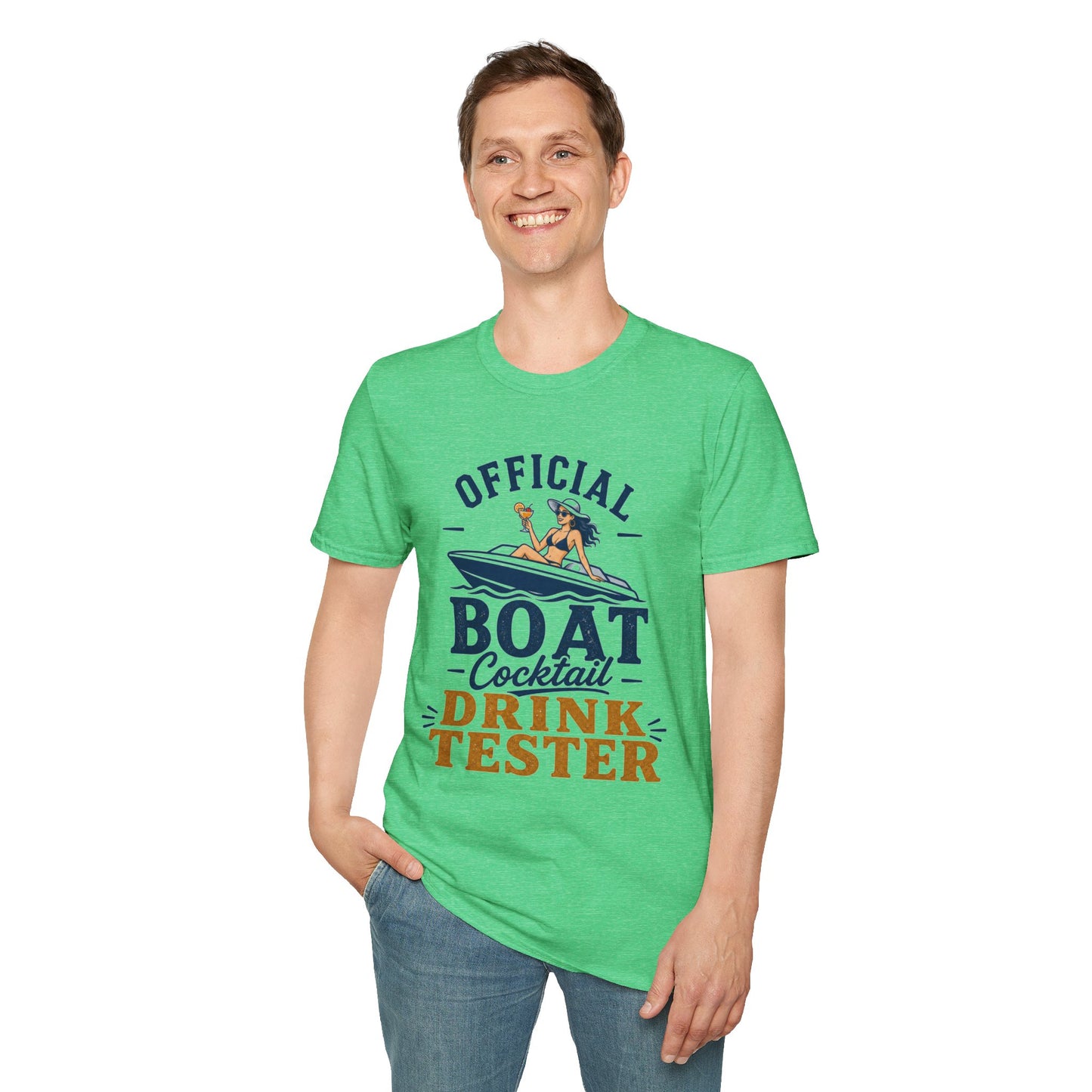 Official Boat Cocktail Drink Tester Shirt, Heather Irish Green mint, worn by a standing model with one hand in their pocket