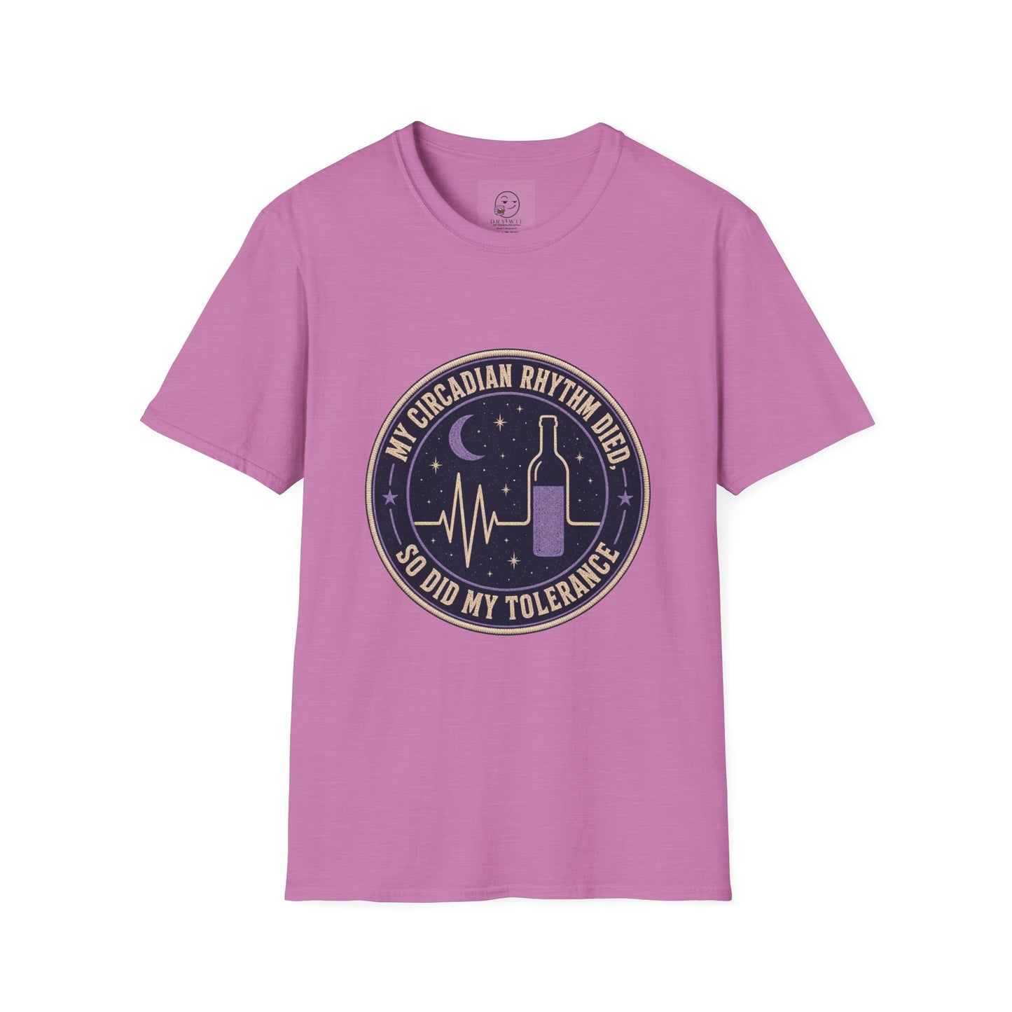Circular vintage badge t-shirt graphic with a starry night sky background and a flatlined heartbeat line transitioning into a wine bottle silhouette, text reading My Circadian Rhythm Died, So Did My Tolerance