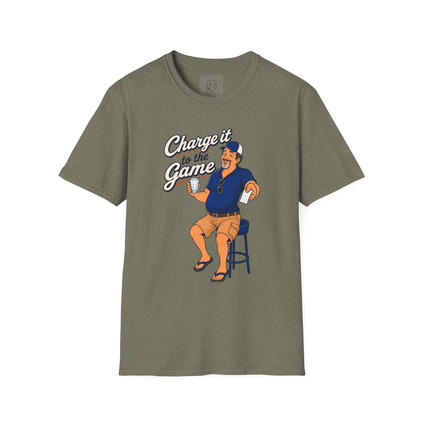 Retro cartoon t-shirt graphic of the Dry Wit dad mascot holding a bar tab at a sports bar, text reading Charge It To The Game