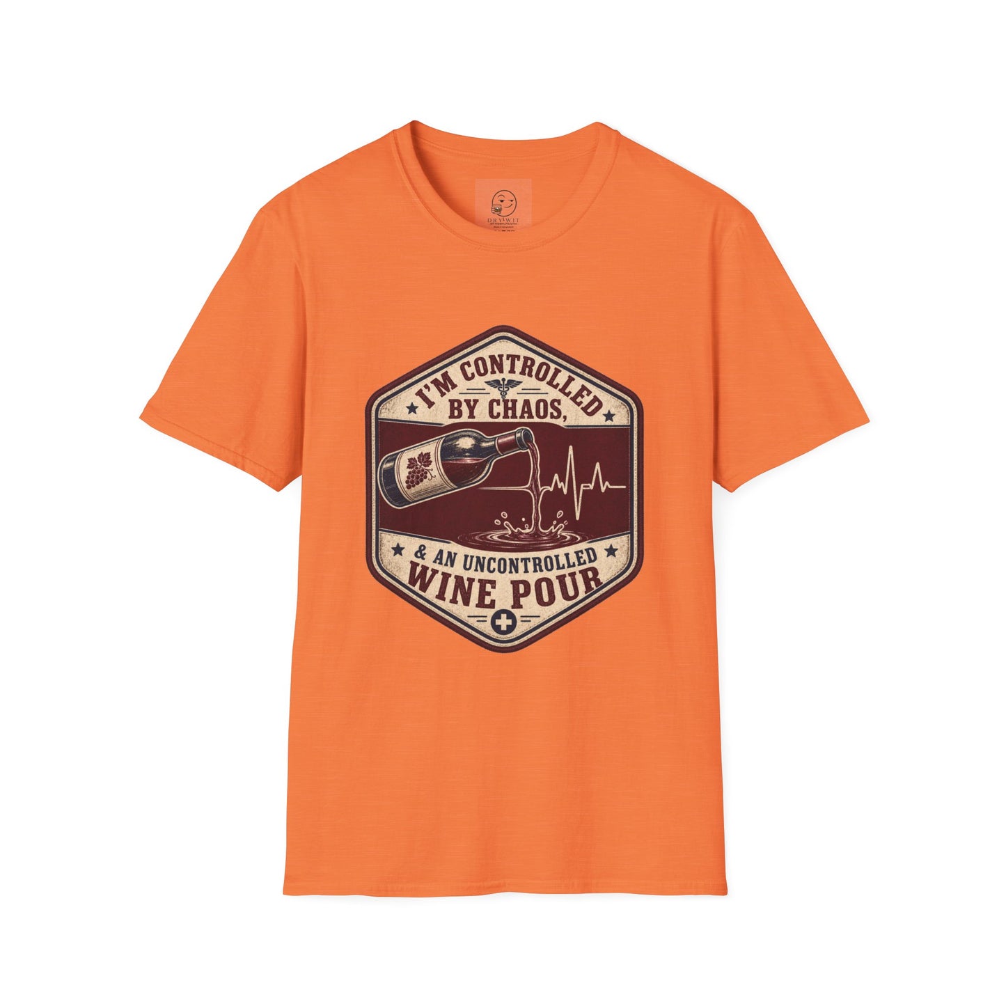 Hexagonal vintage badge t-shirt graphic of a wine bottle mid-pour with the liquid stream shaped like a heartbeat line, text reading I'm Controlled By Chaos & An Uncontrolled Wine Pour